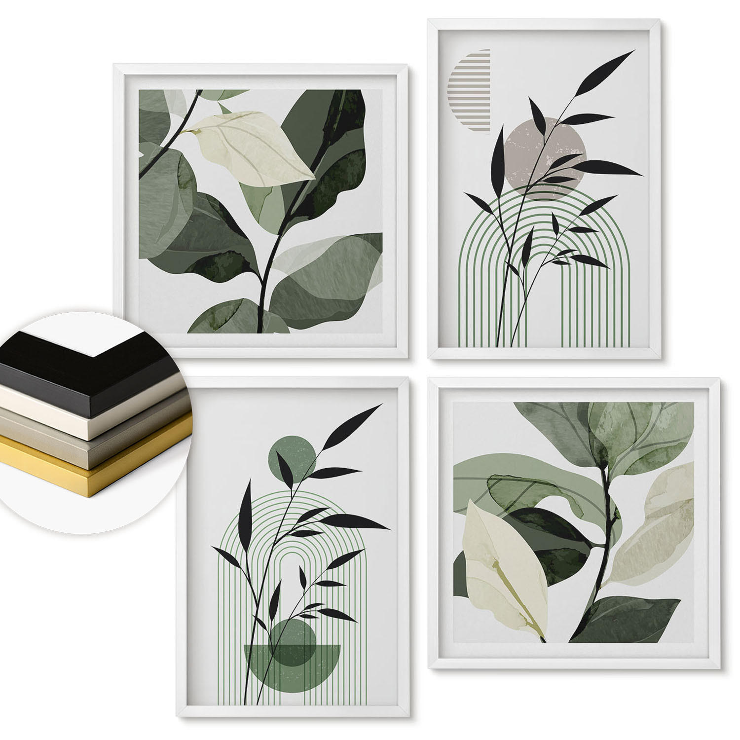 WANDBILDER 4er-Set - 50x50 cm & 40x60 cm Weißer Rahmen - Boho-Pflanzenkompositionen - Weiß, Kunststoff (50/50cm) - ArtPrintCave