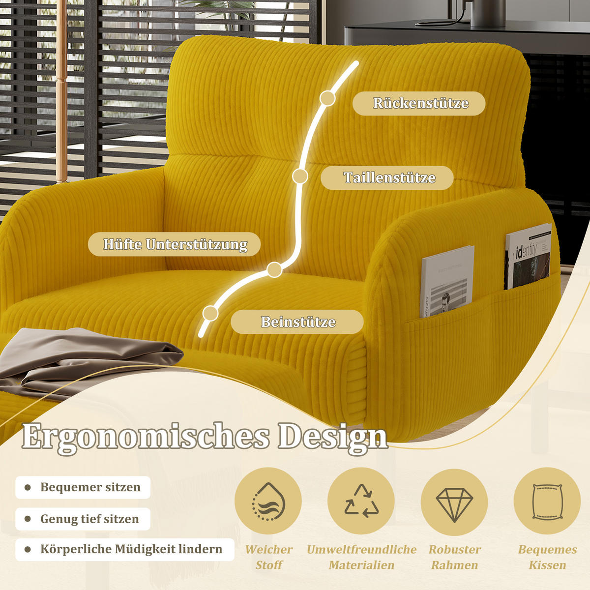 SESSEL Loungesessel,Polstersessel,Cord,Gelb - Gelb, Textil (67/79/75cm) - LVHOM