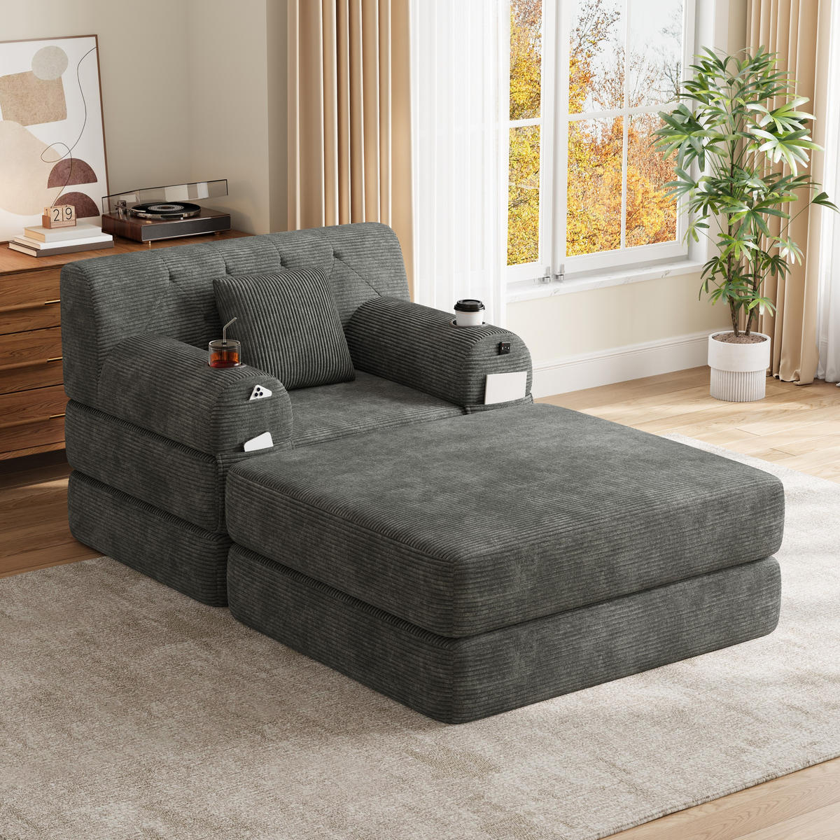 SCHLAFSOFA mit Hocker und Liegefunktion aus Cord in Dunkelgrau - Dunkelgrau, Textil (191/60/162cm) - EVRYAE