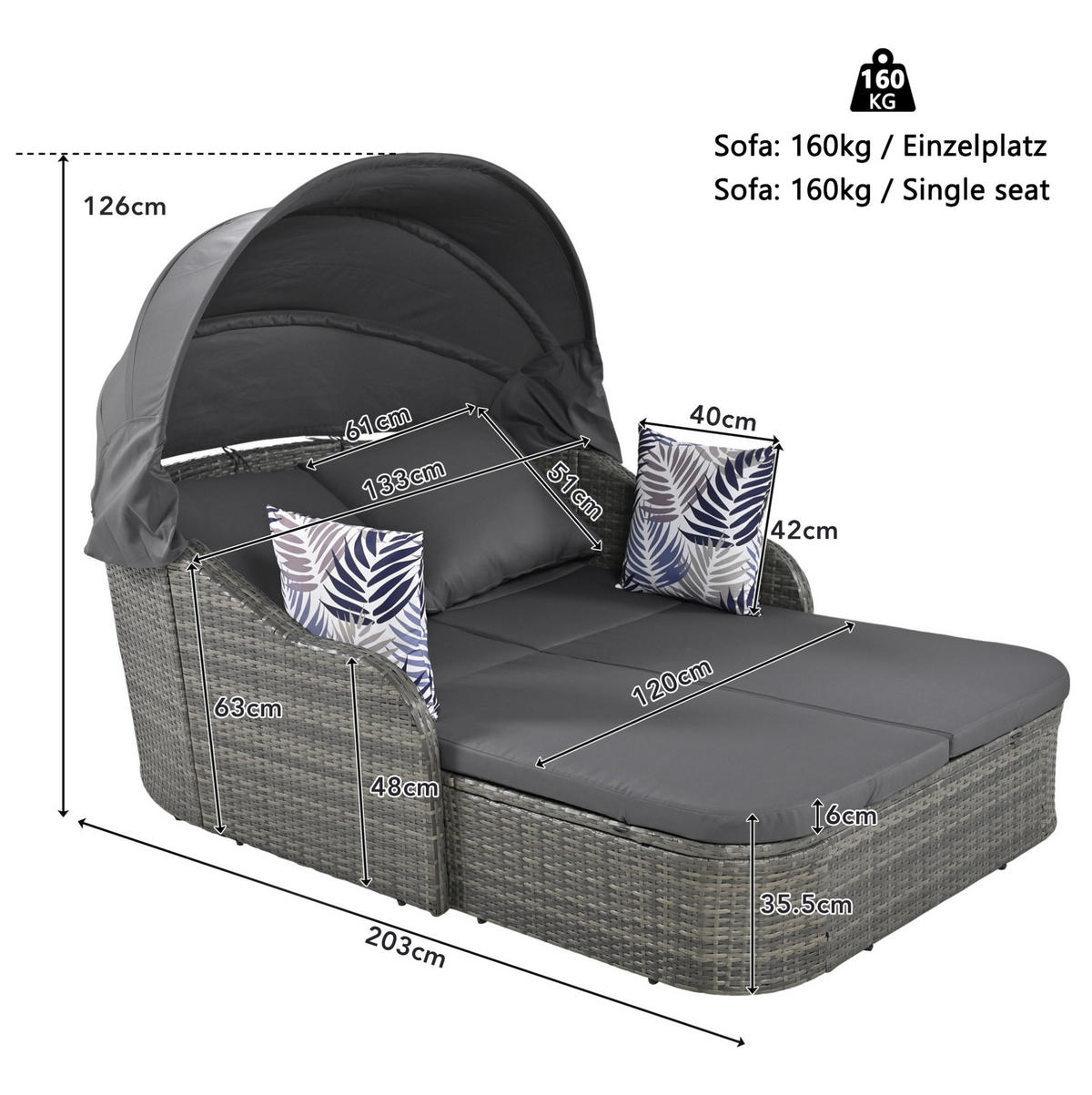 LOUNGESOFA aus Rattan & Metal 203x120x126 cm in Grau mit Baldachin - Grau, Metall (120/126/203cm) - Modfu