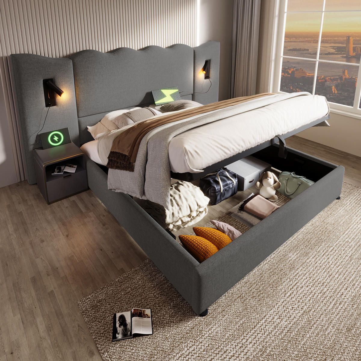 POLSTERBETT mit Stauraum 160x200 cm Leinen Grau USB & Leselampe - Grau, Metall (160/200cm) - Meubliv