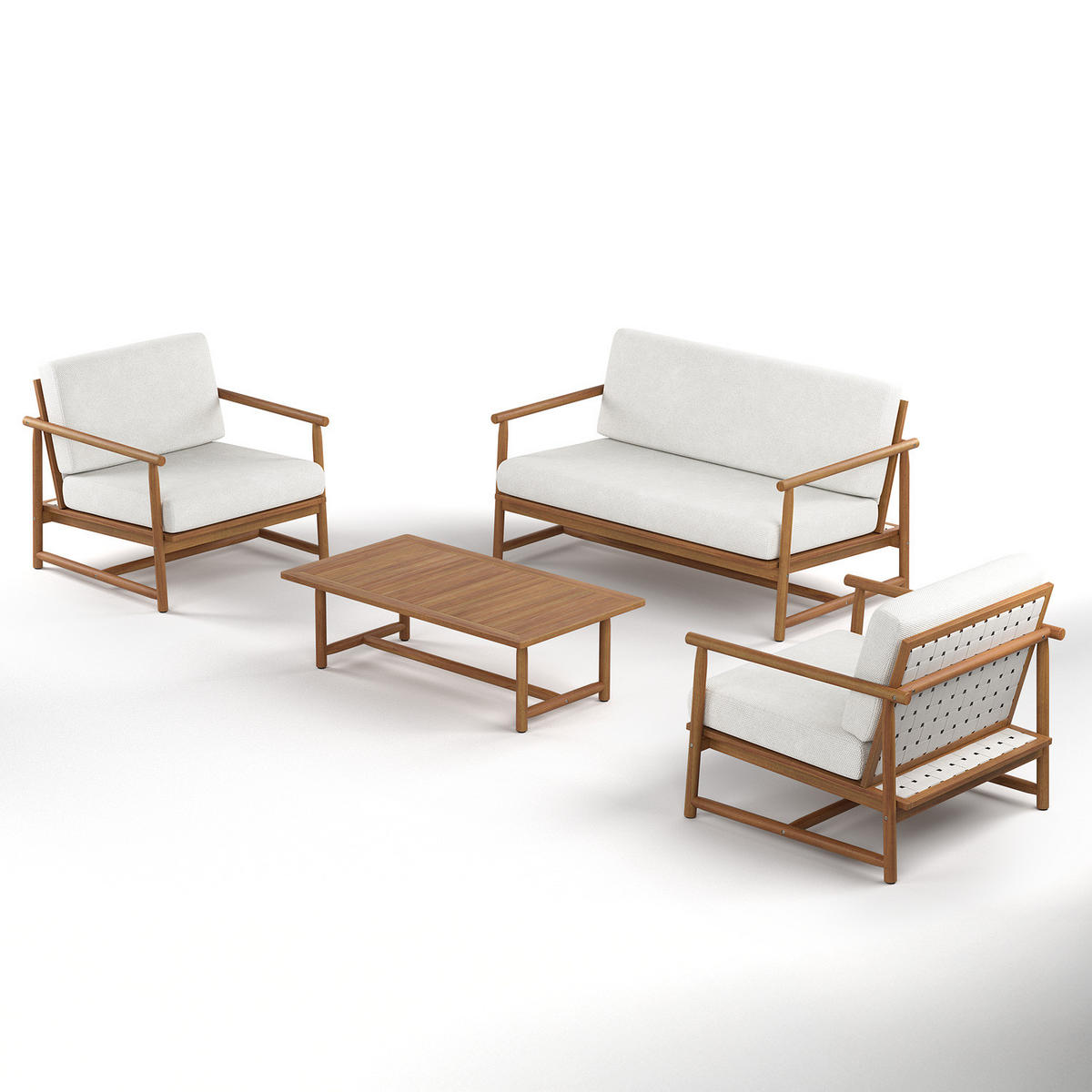 LOUNGEGRUPPE - 4-teilig - Akazie massiv / Webstoff - Akazie Braun / Creme - Creme/Akaziefarben, Holz/Kunststoff - home24