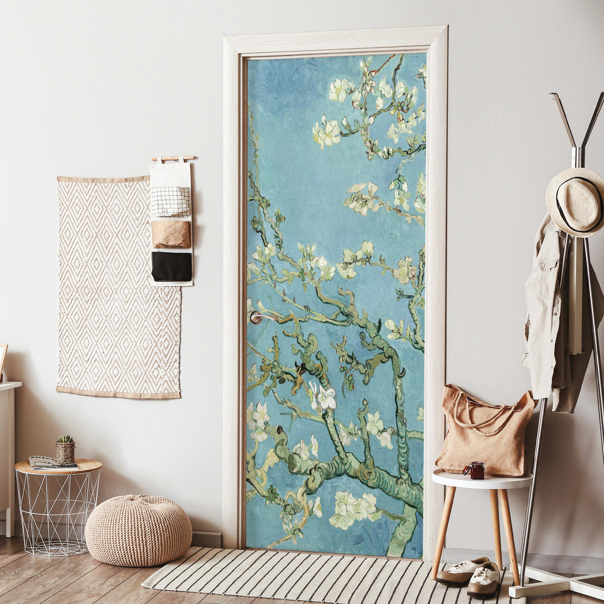 NÁLEPKA NA DVERE Mandľový kvet - Van Gogh - Umenie 90x235 cm - pastelová modrá, plast (90/0.1cm) - MuchoWow