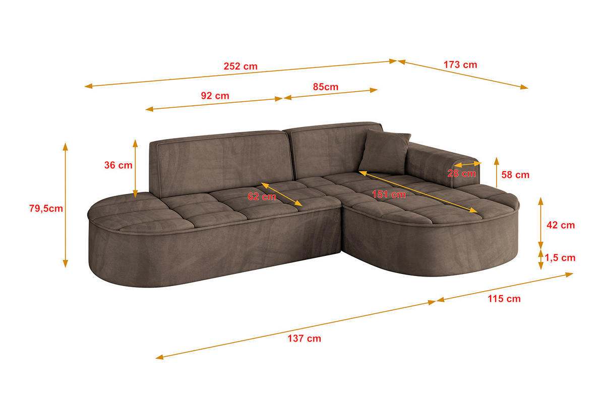 ECKSOFA Ottomane Rechts LIVO-L1 - 252x173x79,5 cm Braun - Braun, Holzwerkstoff/Textil (252/173cm) - ALTDECOR