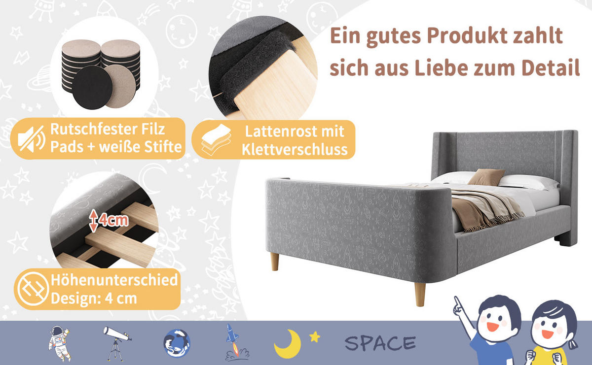 POLSTERBETT 90 x 200 cm in Grau Samt，Ohne Matratze - Grau, Textil (90/200cm) - KOMHTOM