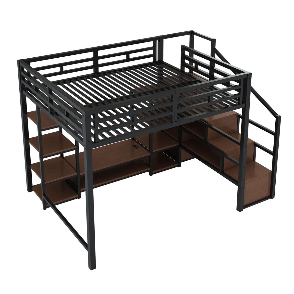 HOCHBETT Metall/MDF 140x200 cm Schwarz mit TV-Ständer, Steckdose und Aufbewahrungsleiter - Schwarz, Metall (140/200cm) - Modfu