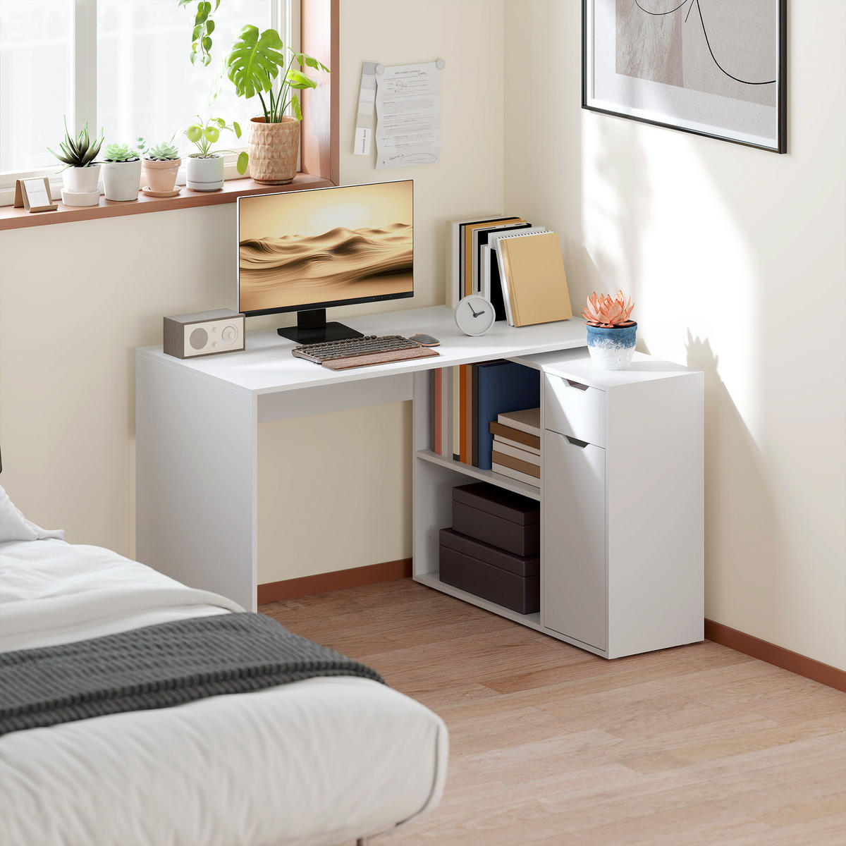 ECKSCHREIBTISCH L-Form Schreibtisch Computertisch mit Offenen Ablagen, Schublade - Weiß, Holzwerkstoff (120/96/75cm) - HOMCOM