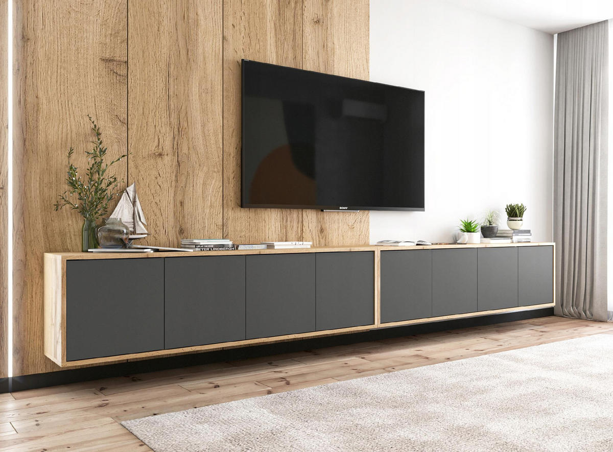 TV-LOWBOARD 2-er Set Apollo2 Eiche wotan Graphit Matt 150 cm - Graphitfarben, Holzwerkstoff (300/39/35cm) - Meble Lindner
