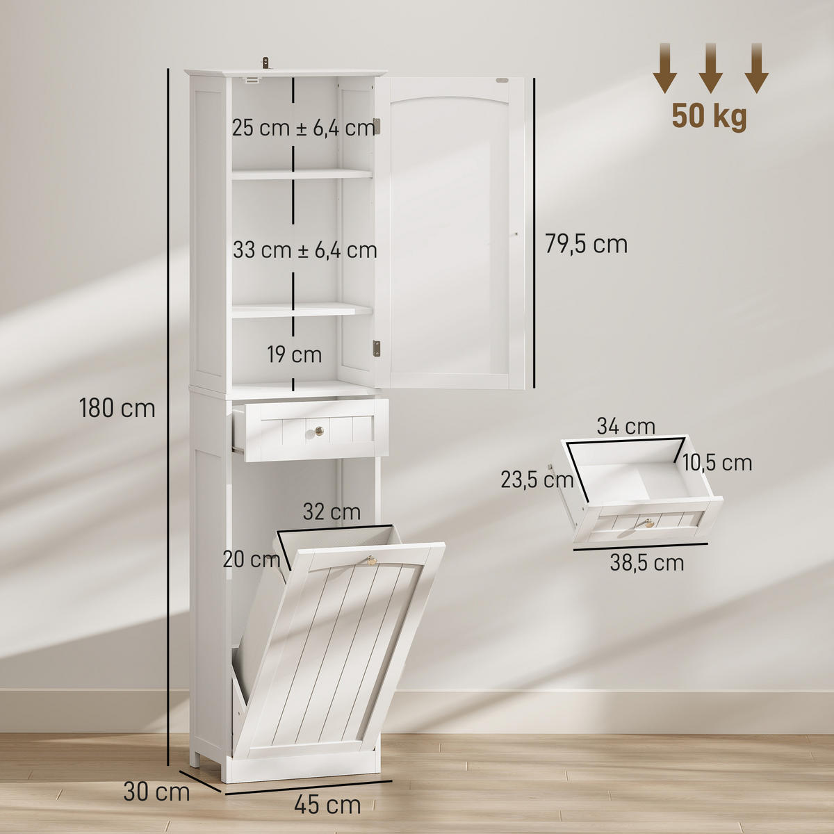 BADEZIMMERSCHRANK MDF Weiß - Weiß, Holzwerkstoff/Metall (30/180/45cm) - HOMCOM