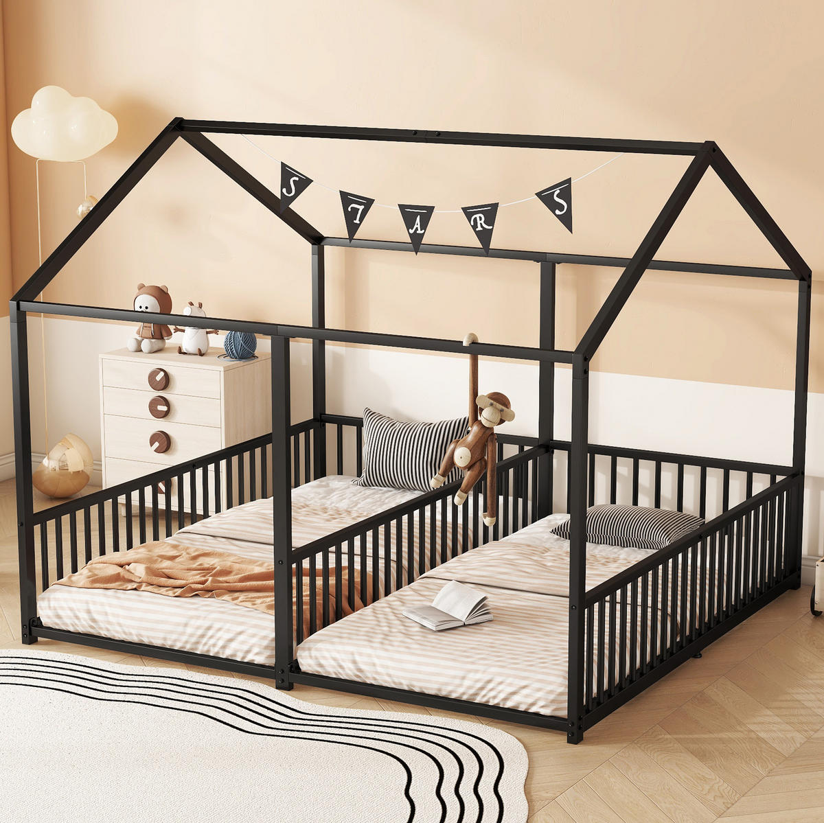 HAUSBETT 90/200 cm Schwarz aus Metall mit Hausform und Geländer - Schwarz, Metall (90/200cm) - OKMYHOME