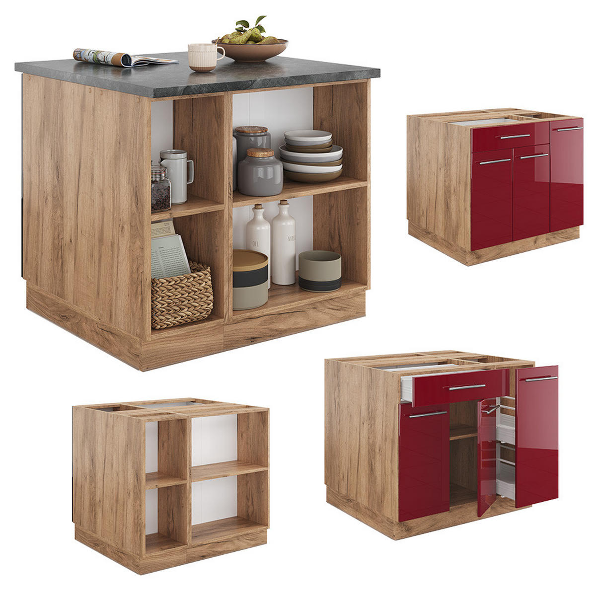 KÜCHENINSEL Fame-Line Bordeaux Hochglanz/Goldkraft Eiche 90 cm ohne AP - Honigeiche/Bordeaux, Holzwerkstoff (90/82/60cm) - Vicco