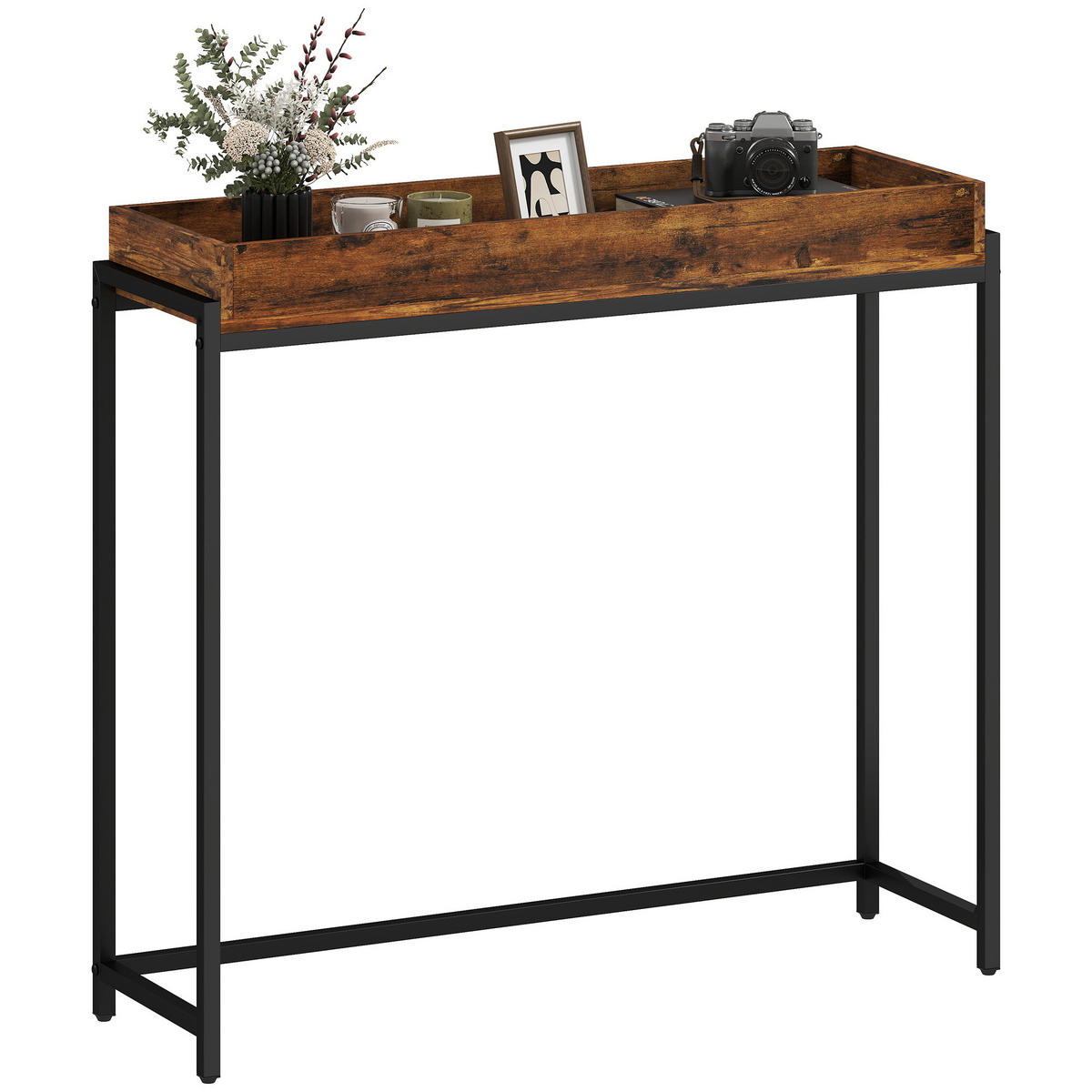 SCHMALER Flurtisch als Konsolentisch aus Metall und Spanplatte, rustikaler Beistelltisch für Flur, Braun - Wildeiche, Holzwerkstoff (100/91/30cm)