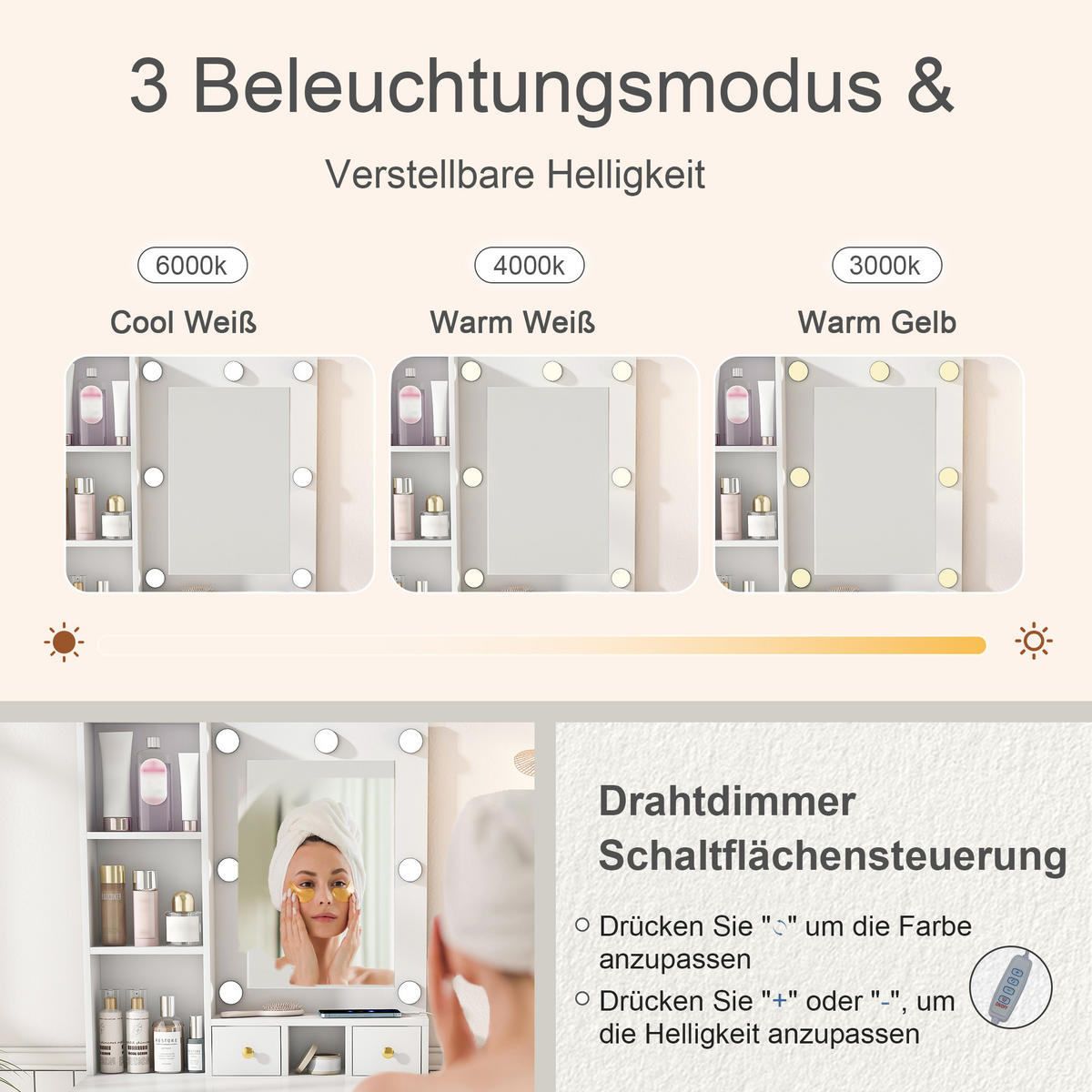 SCHMINKTISCH in Weiß Frisiertisch mit Hocker, Spiegel, LED und Steckdose, für kleine Schlafzimmer, B60/H131.5/T38cm - Weiß, Holzwerkstoff (60/131.5/38cm) - STILVORA
