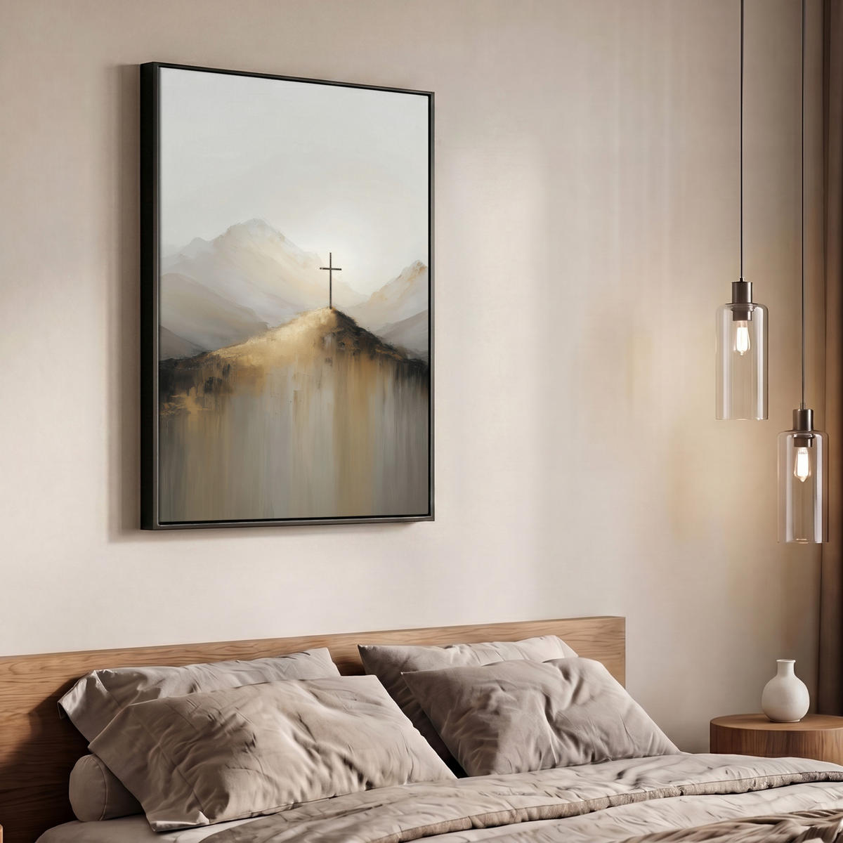 LEINWAND Bilder mit Rahmen - Hügel - Abstrakt - Kreuz - Christentum - 70x100 - Beige, Textil (70/100cm) - MuchoWow