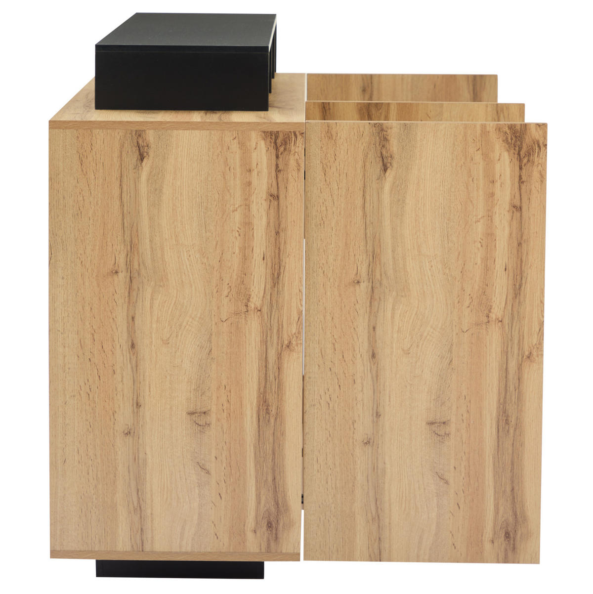 KOMODA 140/44/93,5 cm v barvi lesa s črnim okvirjem z LED-osvetlitvijo in nastavljivimi policami iz MDF in akrila - naravne barve, leseni material (140/93.5/44cm) - OKWISH