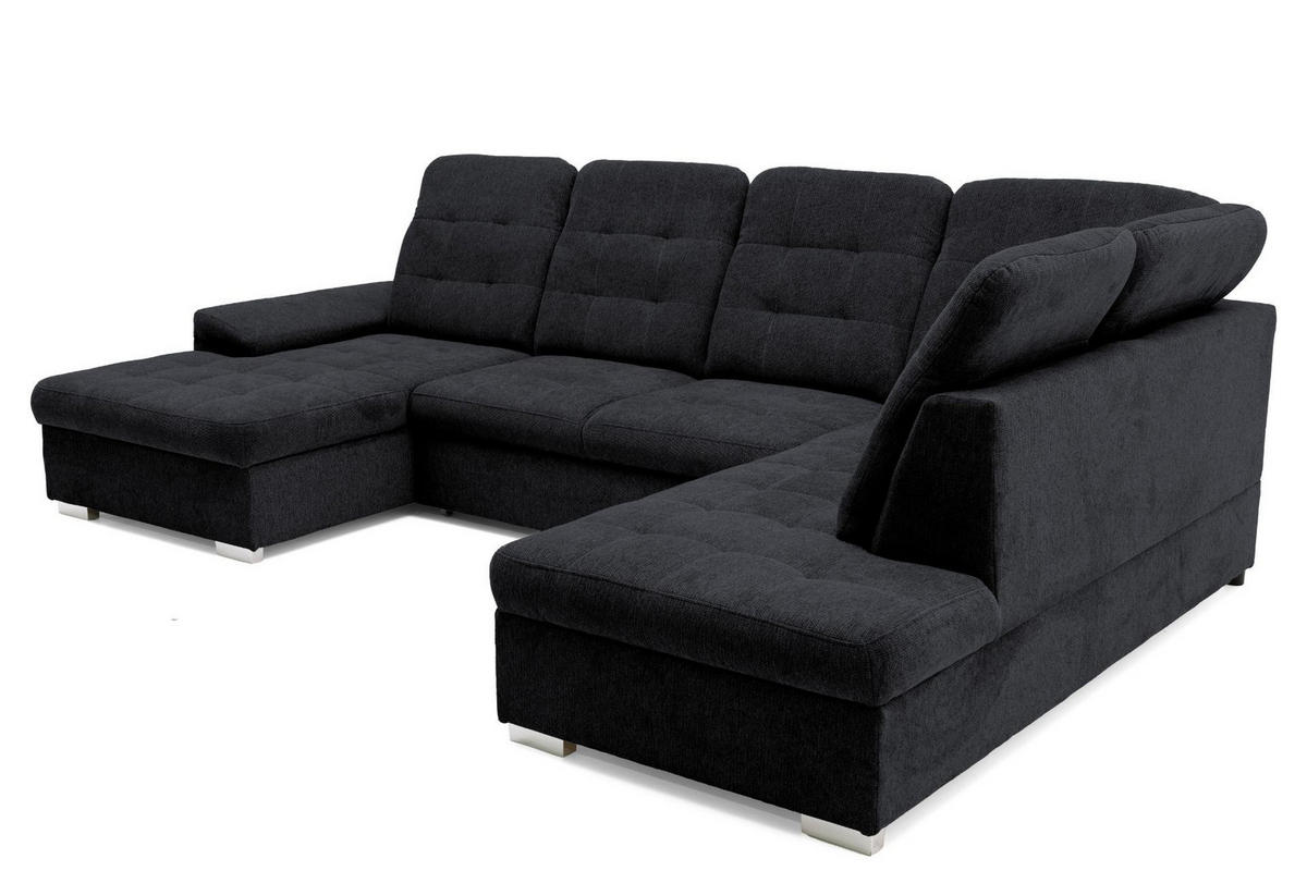 ECKSOFA U-Form OLIVIA U Rechts mit Schlaffunktion 124x257 Velours Schwarz - Silberfarben/Schwarz, Holz/Kunststoff (202/103/320cm) - Muffo