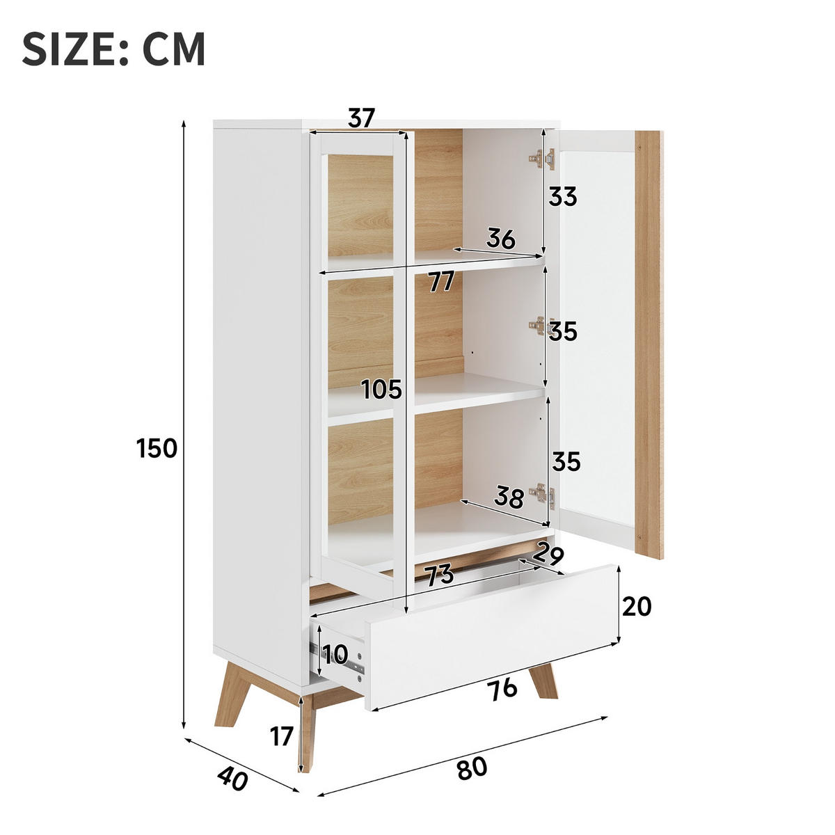 KÜCHENSCHRANK 80/150/40 cm Holzwerkstoff Weiß-Holzfarben MIT VERSTELLBAREN EINLEGEBÖDEN für Esszimmer - Weiß, Holzwerkstoff (40/150/80cm) - Rolipo
