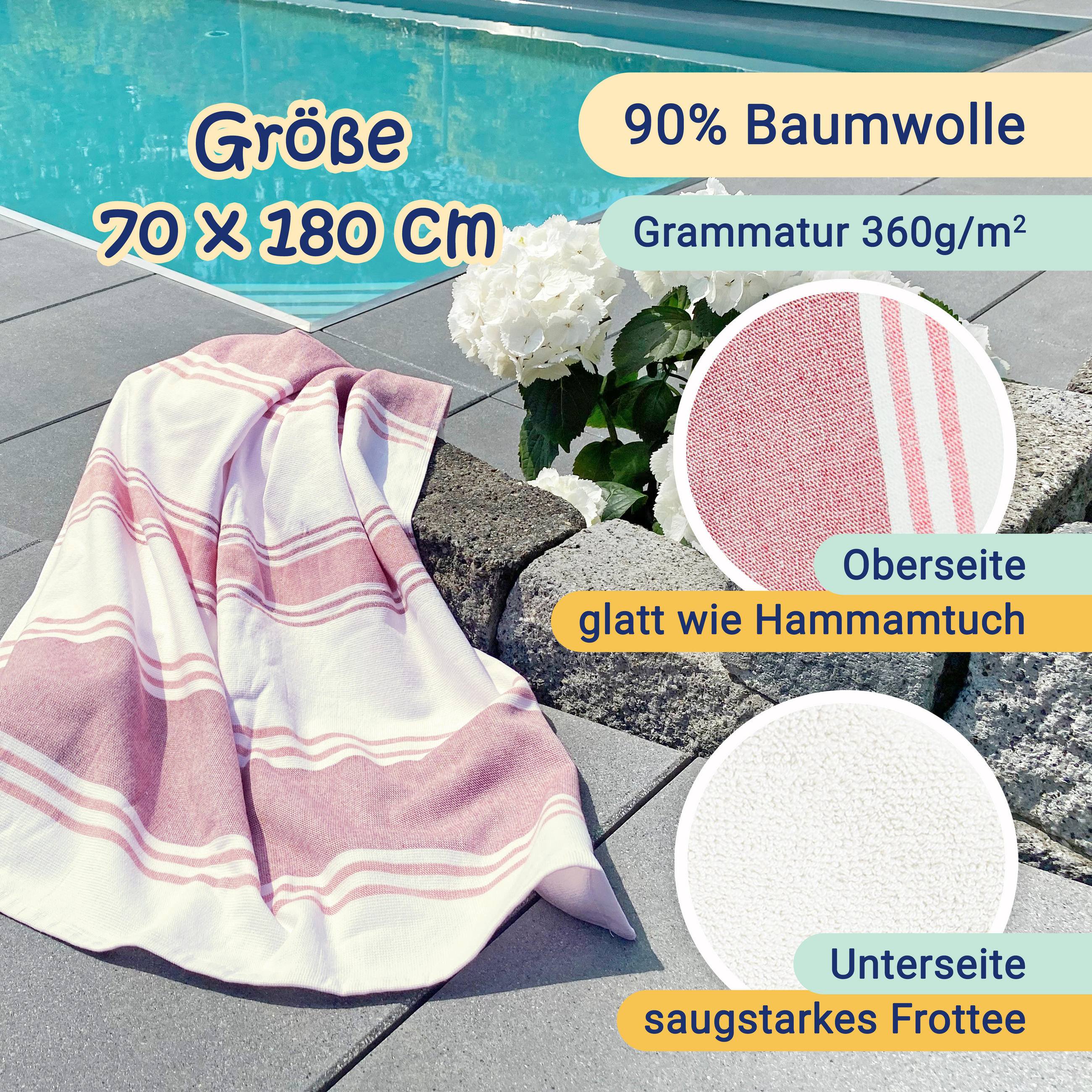 STRANDTUCH, 70x180 cm, 90% Baumwolle, 10% Polyester, Rosa - Rosa, Textil (70/180cm) - Zollner