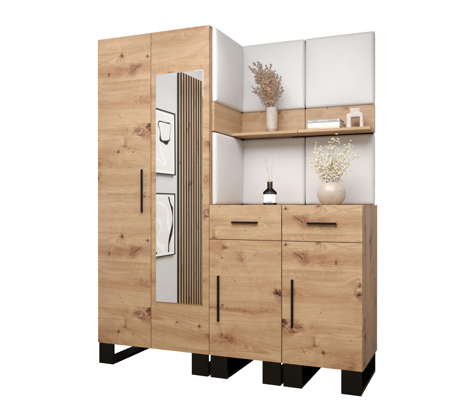 Abiks Möbel Garderoben-Set Eiche Artisan, Weiß 158x196x45.6 cm
