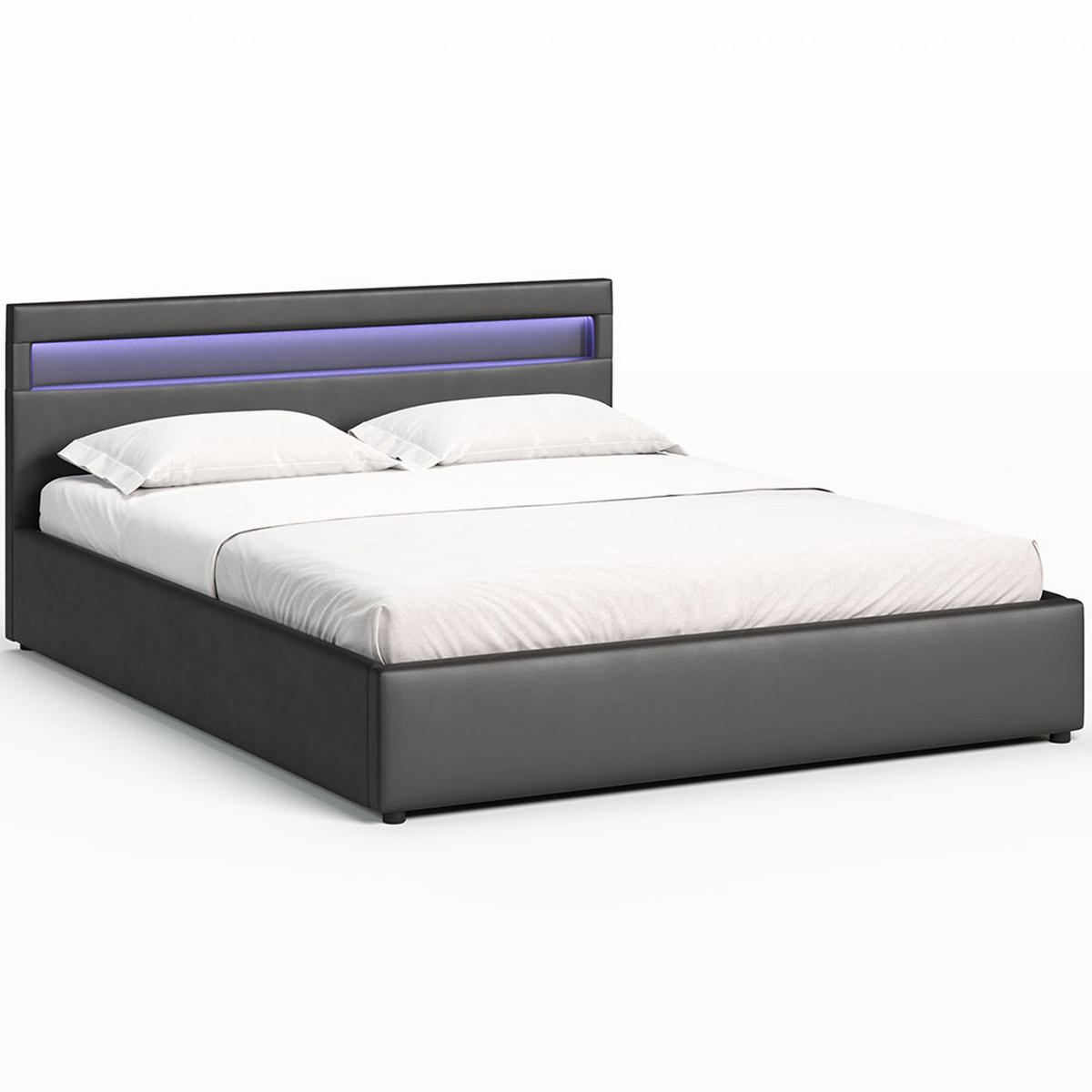 POLSTERBETT 140×200 mit Bettkasten und Lattenrost Nira Öko-Leder schwarz LED - Schwarz, Holz (140/200cm) - Jana