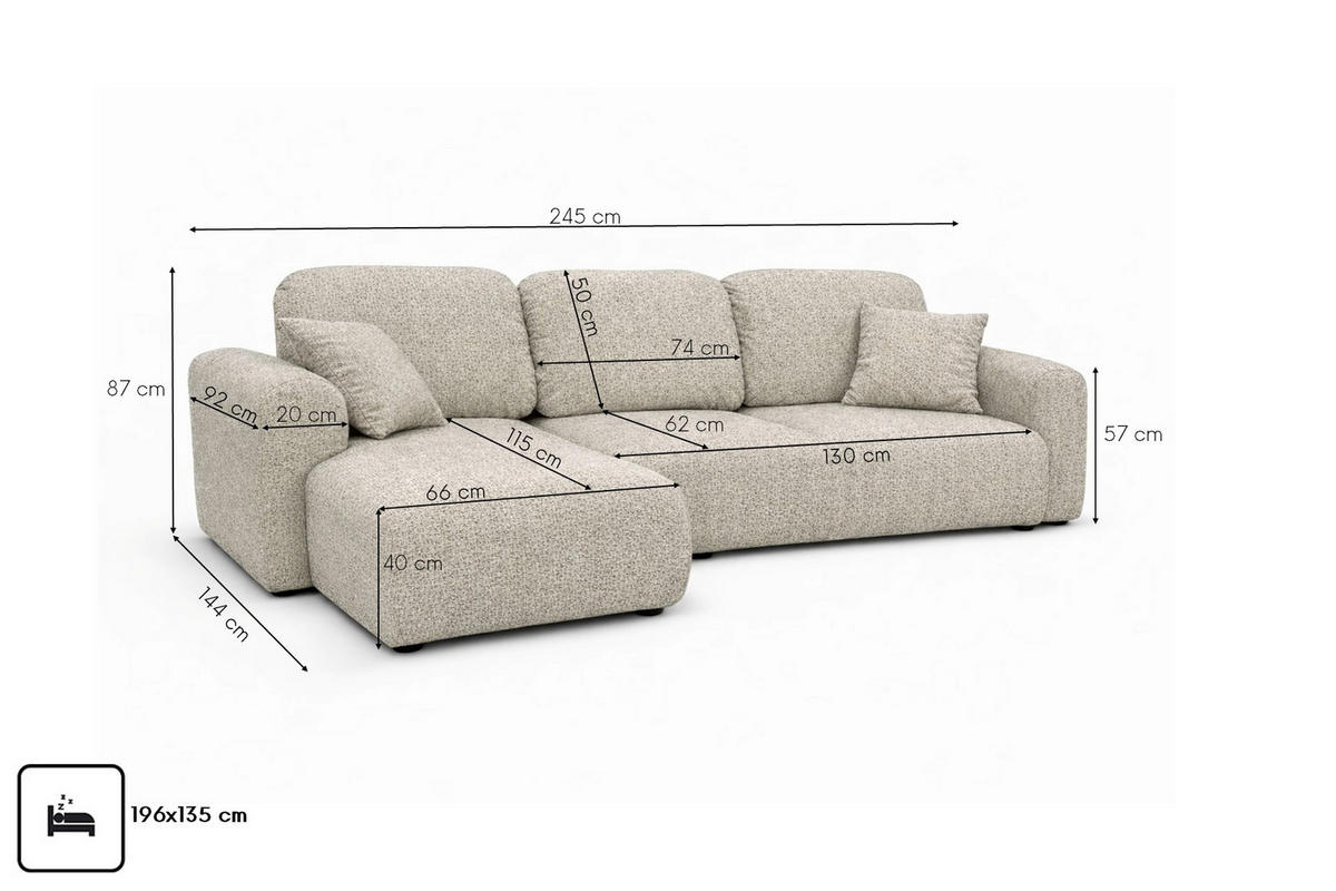 ECKSOFA Mit Schlaffunktion Und Bettkasten, Sofa L-Form Bingo L, Chenille-Stoff Artico, Nata, Links - Beige, Holz (245/144cm) - Kaiser Möbel