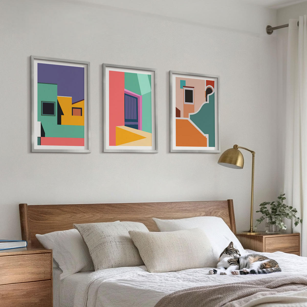 BILDER SET 3er Set - 40x60 cm Silberner Rahmen - Farbenfrohe Illustrationen der Stadt - Silberfarben, Kunststoff (40/60cm) - TULUP