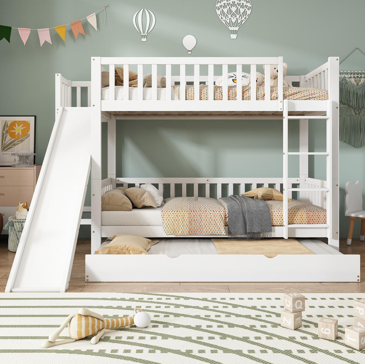 ETAGENBETT 90/200 cm mit Rollbett, Rutsche und Fallschutzgitter - Weiß, Holzwerkstoff (90/200cm) - OKMYHOME