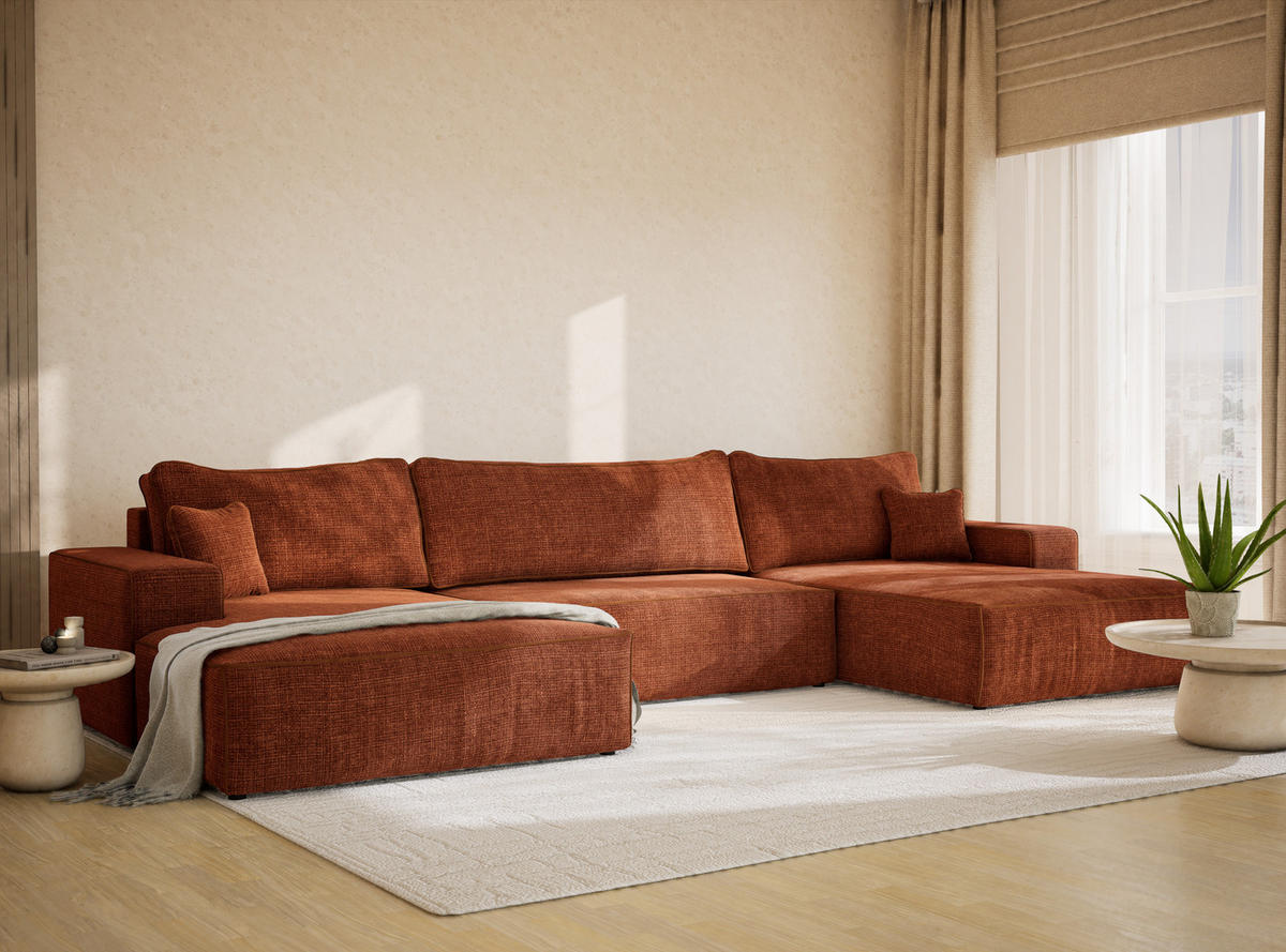 WOHNLANDSCHAFT Deseo Rostfarbe Chenille-Stoff - Rostfarben/Schwarz, Holz/Holzwerkstoff (398/70/148cm) - Maison de Reve