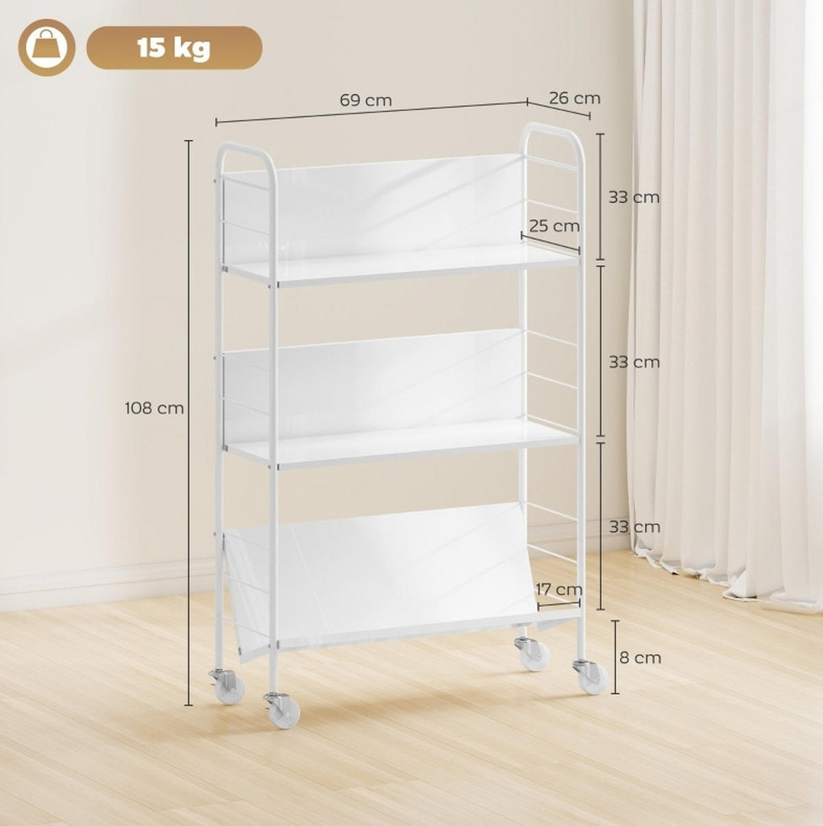 BÜCHERREGAL 69/26/108 cm, 3 Ebenen, aus Metall, mit Rollen, Weiß - Weiß, Metall (69/108/26cm) - BEAOK