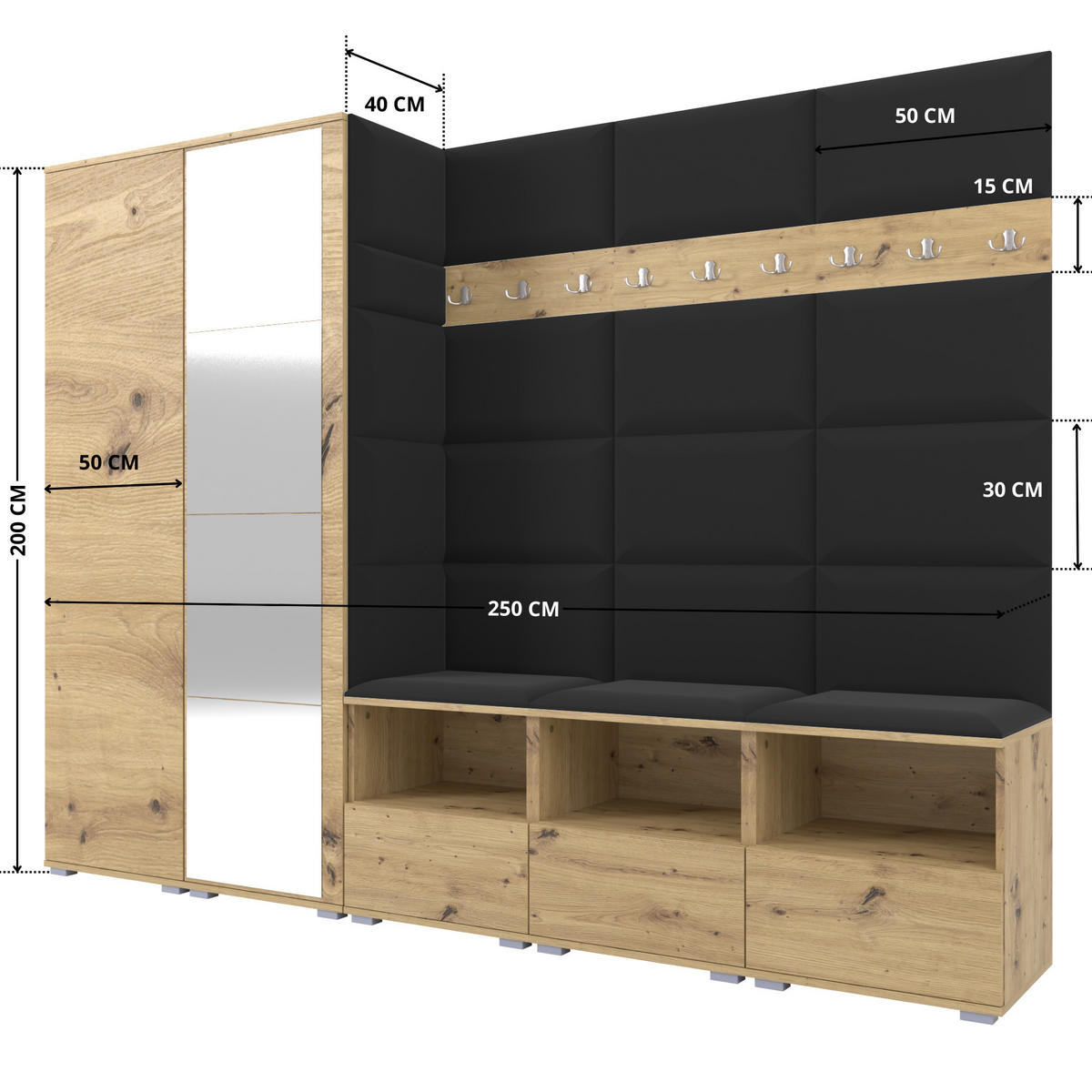 GARDEROBE NELA VII 250 cm (Modulare Flurmöbel XL Artisan Eiche mit Spiegel & Sitzpolster Schwarz 16 Universell) - Silberfarben/Schwarz, Holz/Holzwerkstoff (250/187/40cm) - Ravio