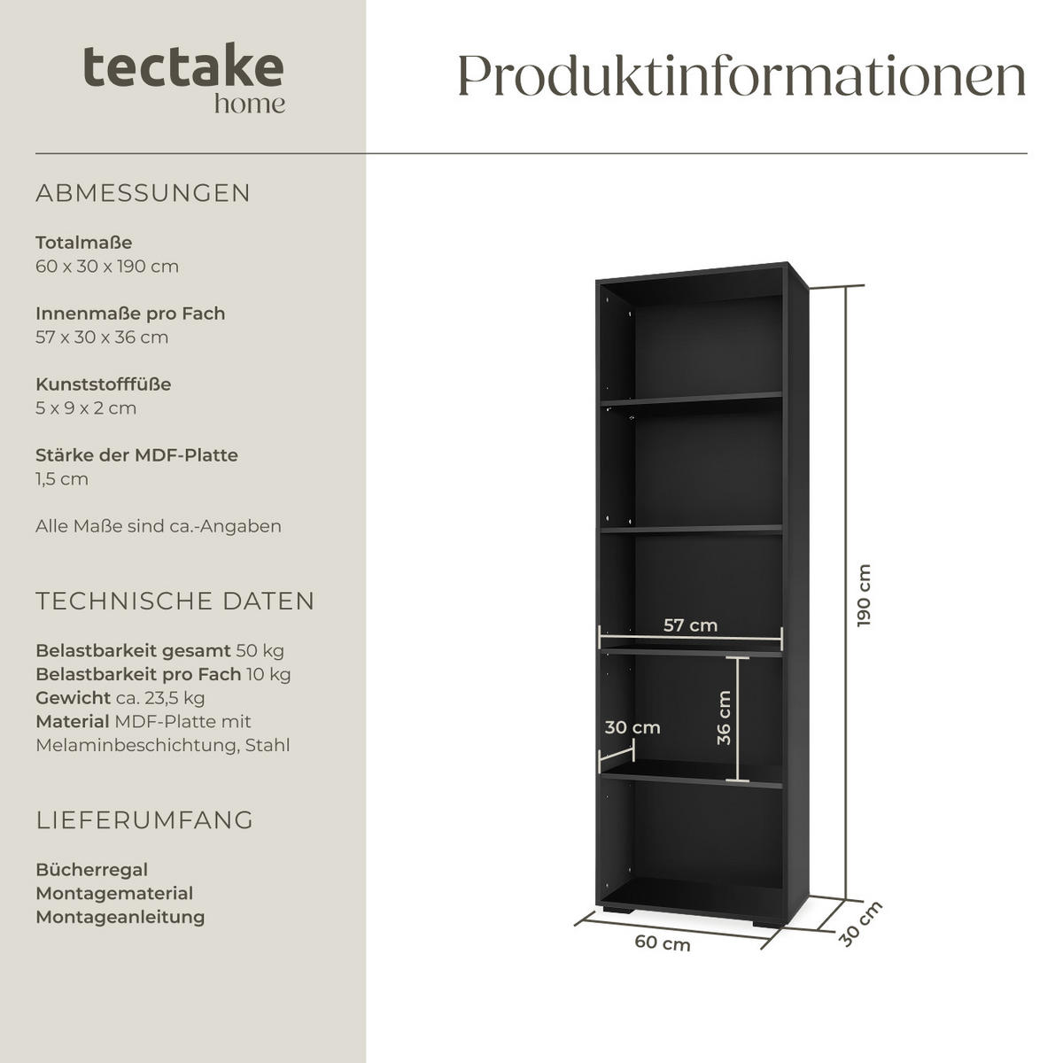BÜCHERREGAL Lexi,60 x 30 x 190 cm,schwarz - Schwarz, Holz (30/190/60cm) - tectake