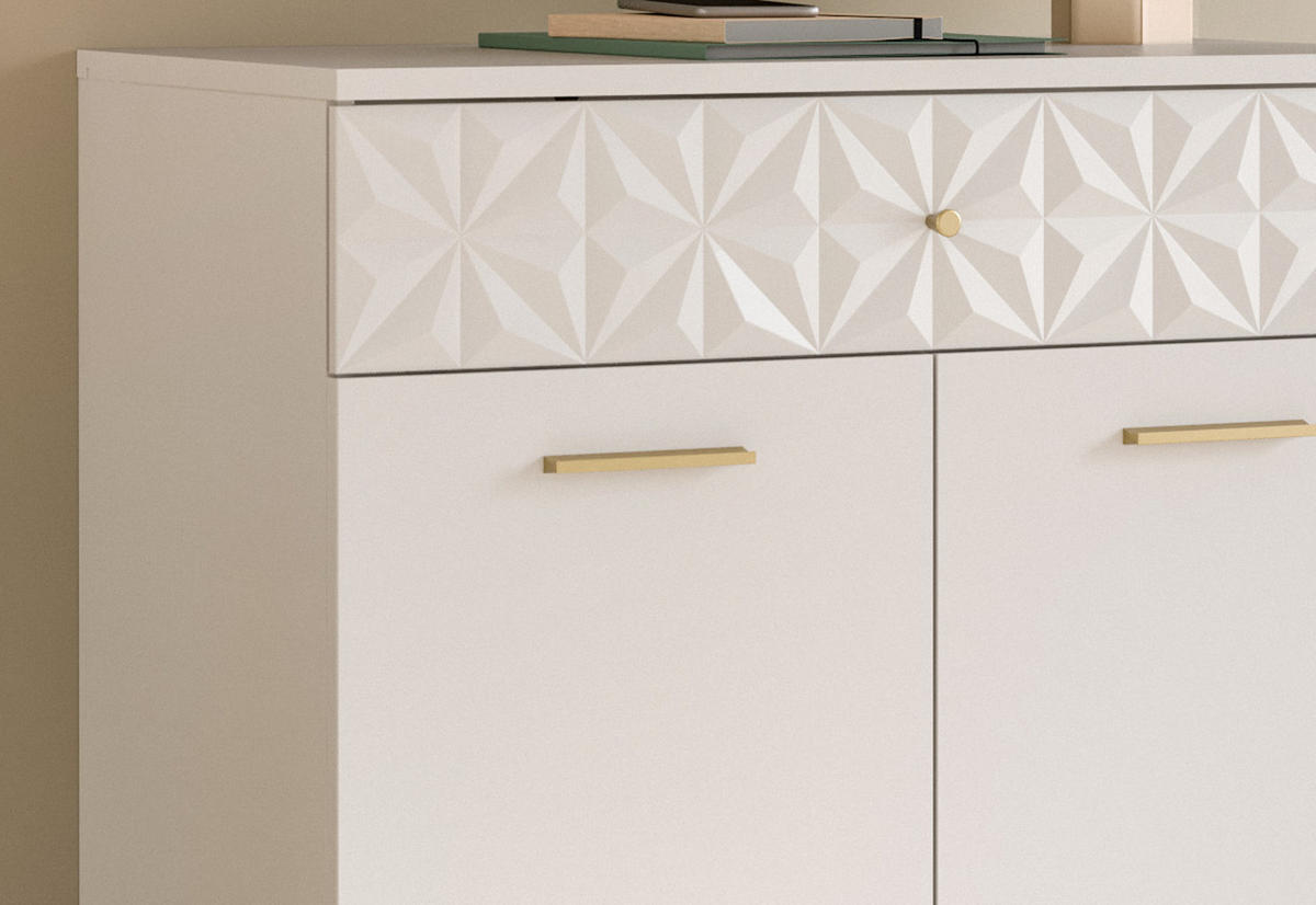 KOMMODE weiß Hochglanz 70 cm, Sideboard mit 3D-Struktur - Weiß Hochglanz/Goldfarben, Holzwerkstoff/Kunststoff (70/92/40cm) - Inn.Furn