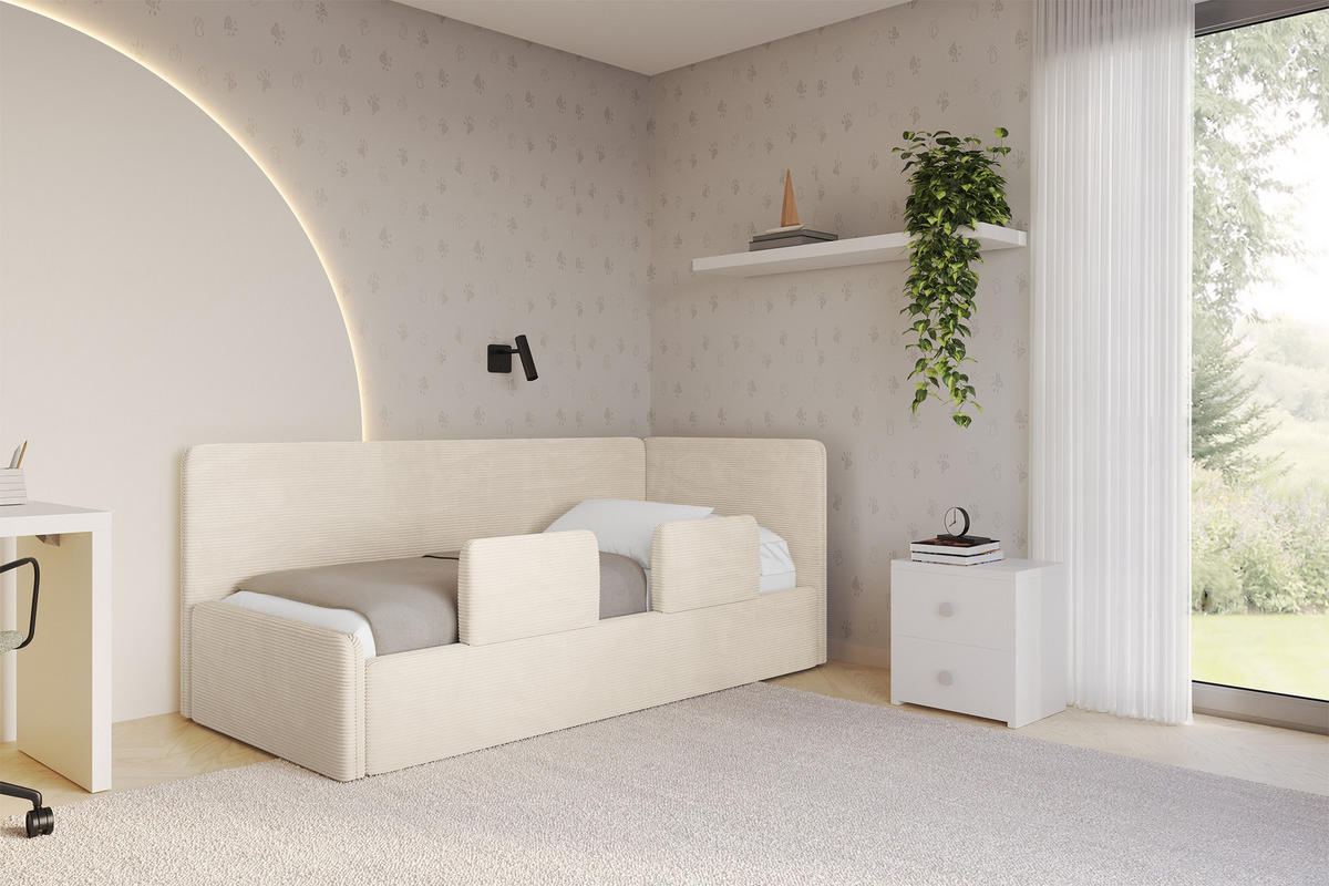 EINZELLBETT Jugendbett mit Bettkasten und Matratze H3/H4, Links - NORY 90x200 Beige - Creme, Holzwerkstoff/Textil (90/200cm) - ALTDECOR