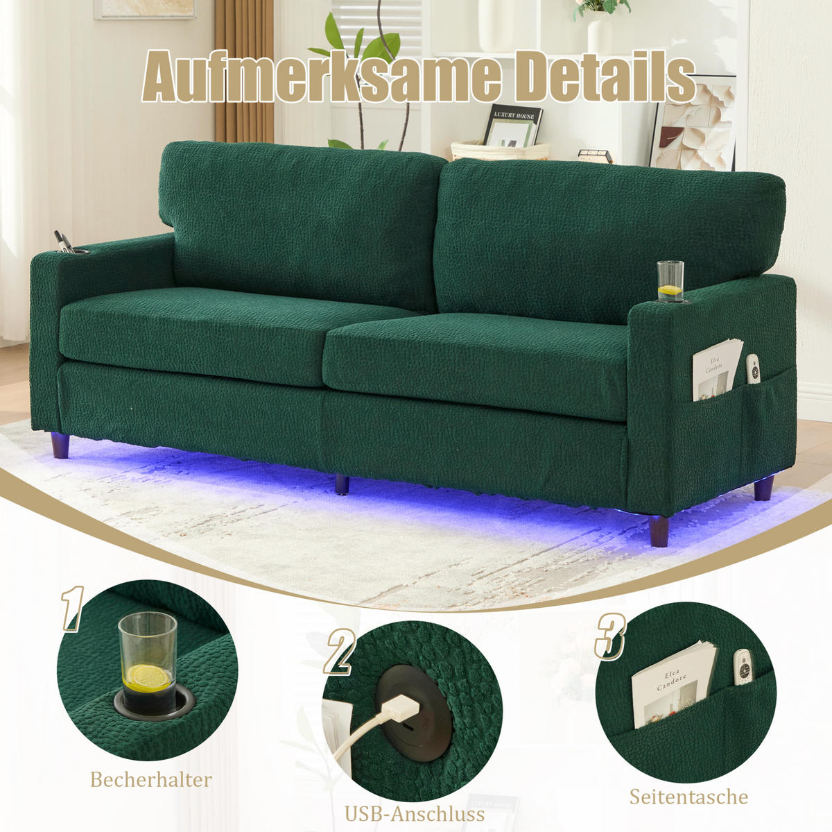 ZWEISITZER Sofa Chenille mit USB-Anschluss LED und Getränkehaltern 203/77,5/86 cm Smaragdgrün - Smaragdgrün, Textil (77.5/86/203cm) - Redom