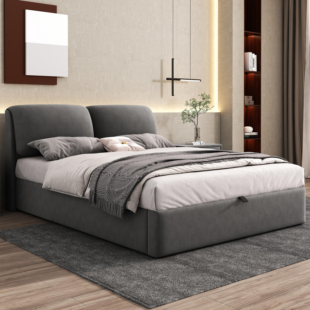 POLSTERBETT 140/190 cm mit hydraulischem Bettkasten, 3 Schubladen und verstellbarem Kopfteil, Grau - Grau, Textil (140/190cm) - Redom
