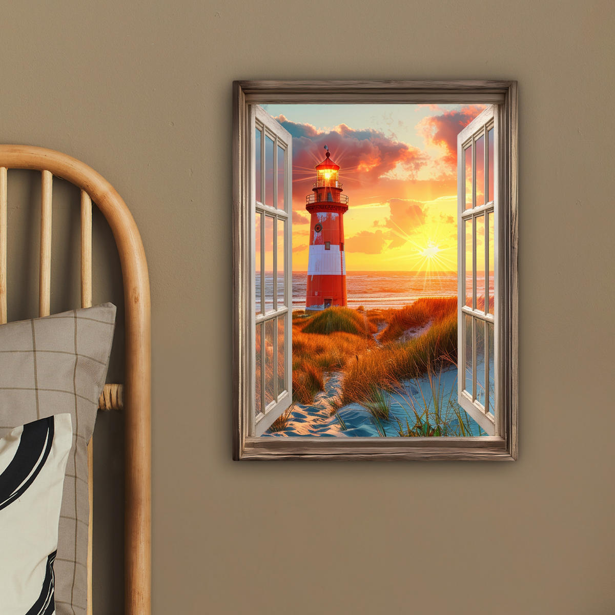 LEINWANDBILD Aussicht - Fenster - Leuchtturm - Sonnenuntergang - Strand 30x40 cm - Dunkelorange, Textil (30/40cm) - MuchoWow