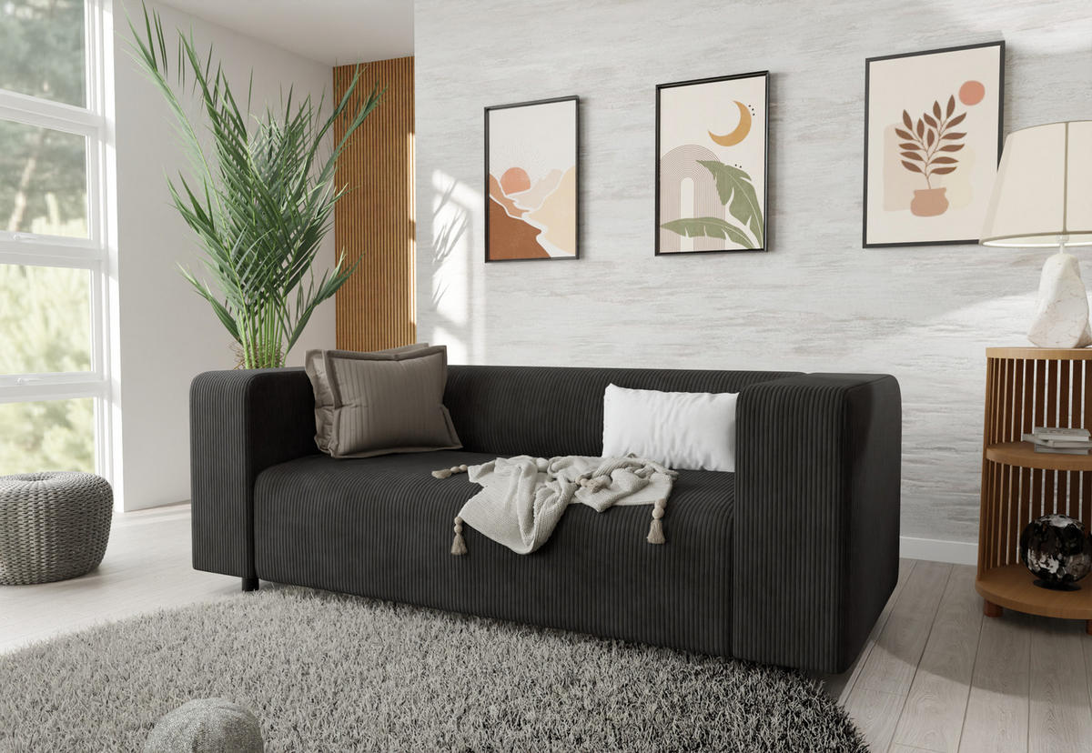SITZGARNITUR 3+2+1 Tove Schwarz Cord - Schwarz, Holz/Kunststoff (175/65/80cm) - S-Style Möbel