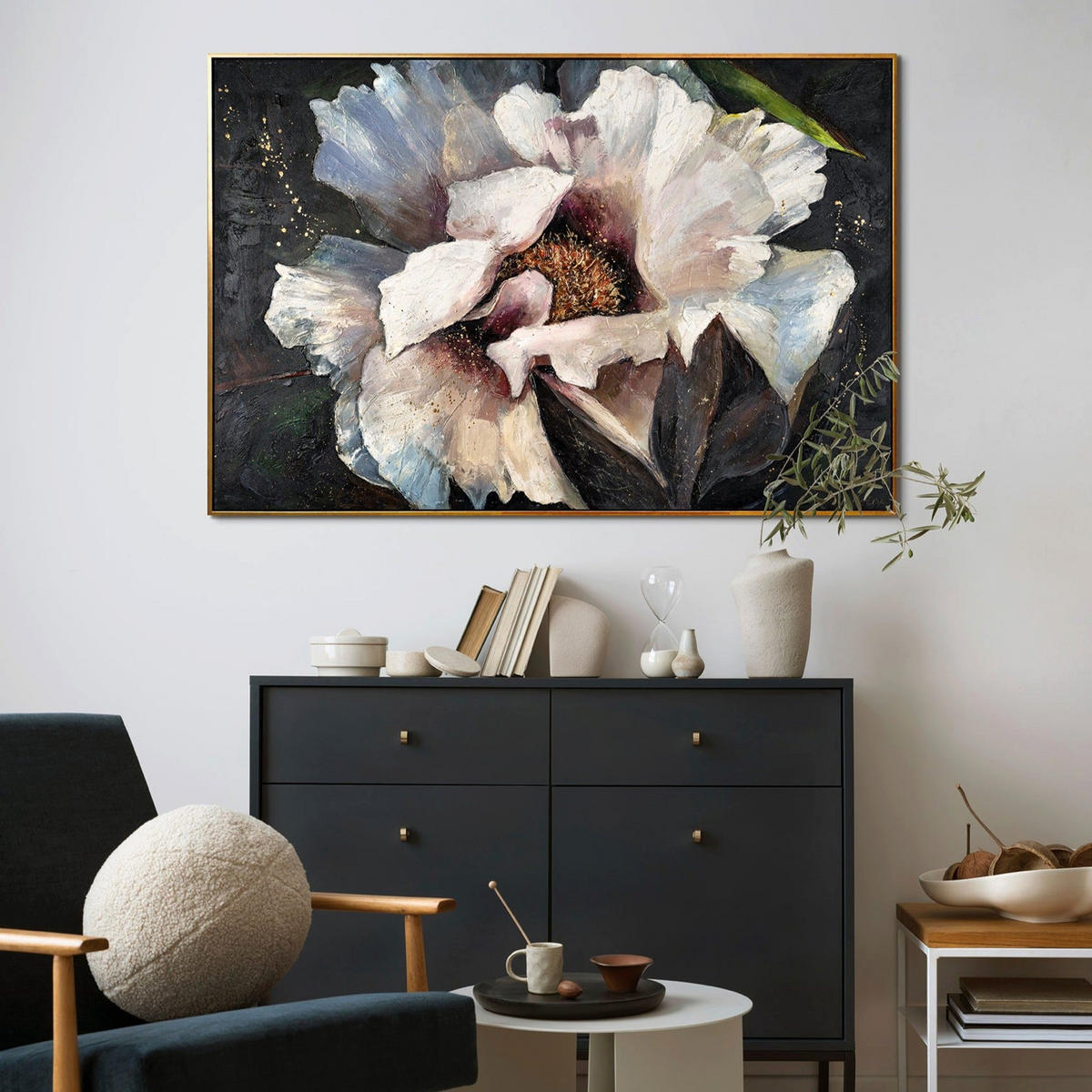 GEMÄLDE Pfingstrosen II Schattenfugenrahmen Schwarz-Gold 140x100 cm - Schwarz Hochglanz, Holz (140/100cm) - YS-art gallery