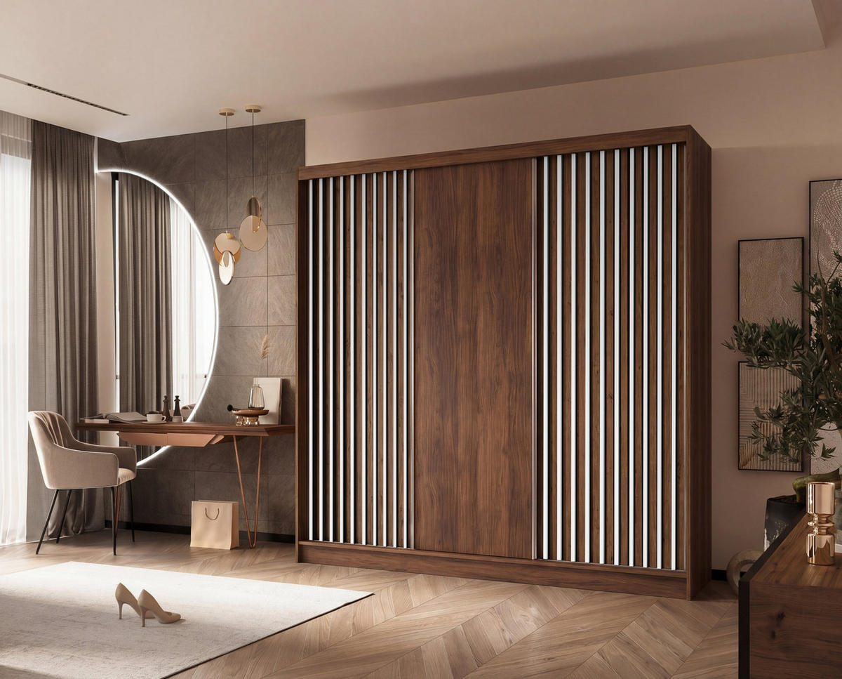SCHWEBETÜRENSCHRANK LAMELLO 240/216/61 cm Modern Kleiderschrank 3-türig Nussbaumfarben - Nussbaumfarben, Holzwerkstoff (240/216/61cm) - MASSENO