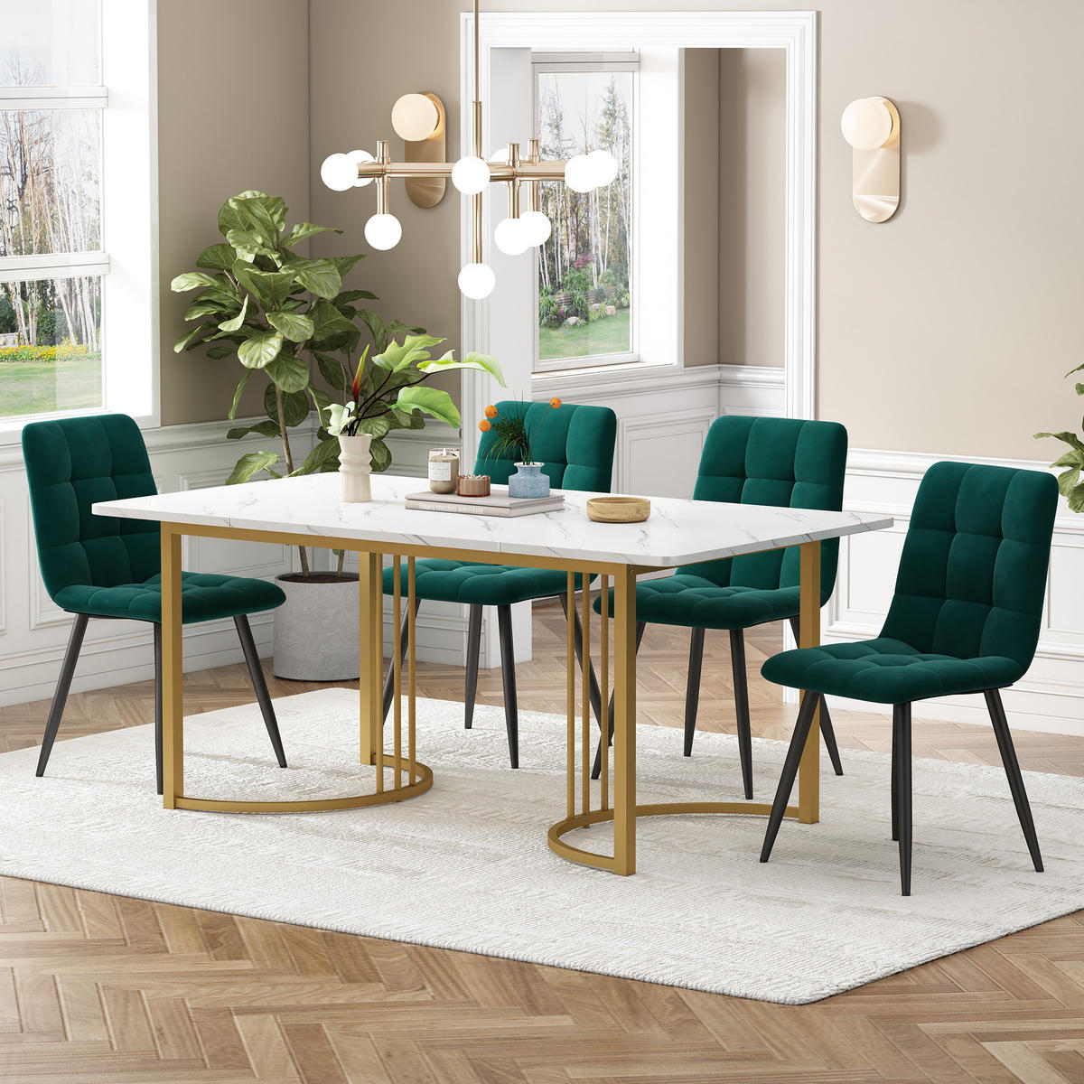 ESSGRUPPE Esstisch 4 Stühle MDF Weiß Grün 140x80cm - Grün, Holzwerkstoff (140/75/80cm) - FLIEKS