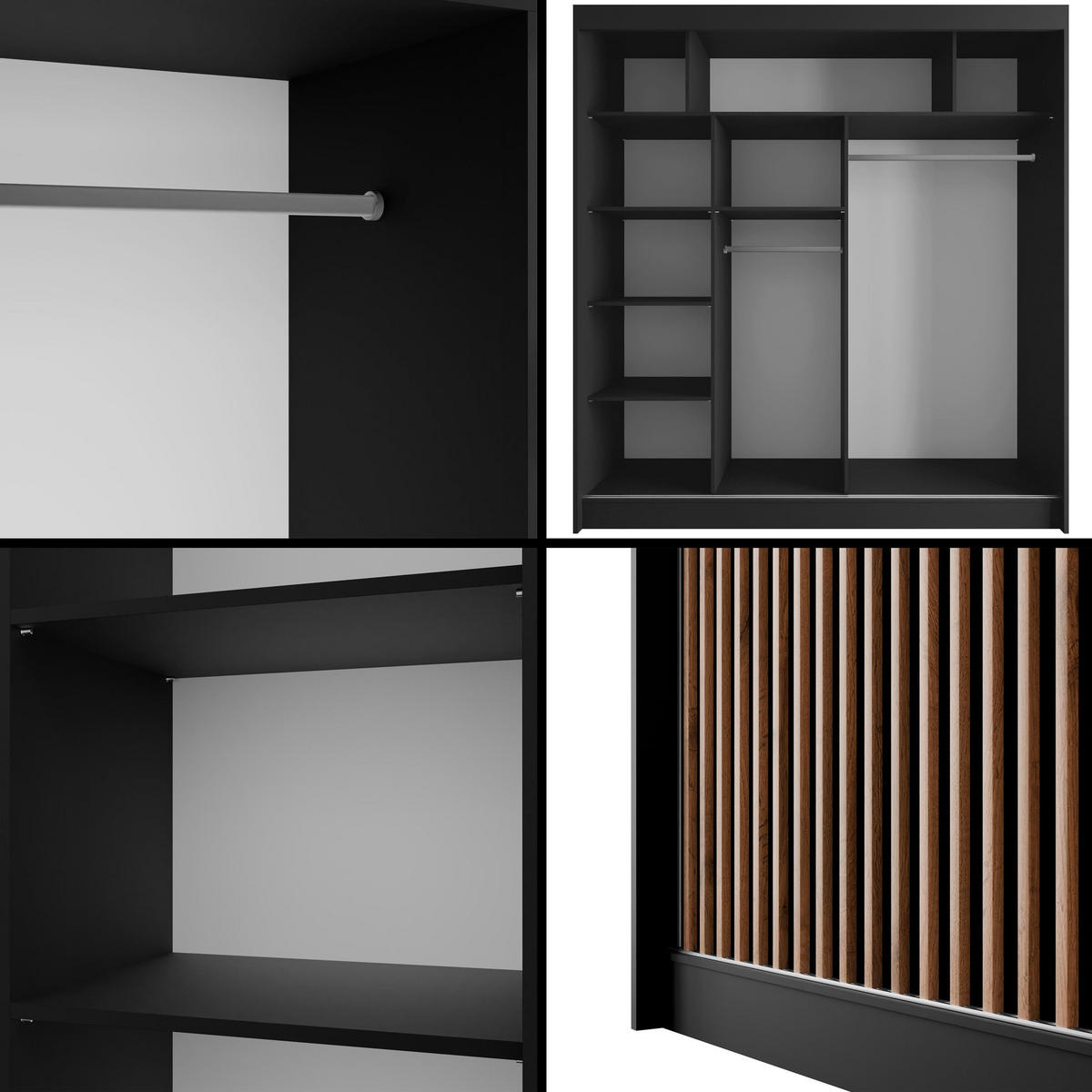KLEIDERSCHRANK mit Lamel-Schiebetüren VILANv2 - 200 cm Schwarz + Lamelle Eiche Wotan - Eiche Wotan/Schwarz, Holzwerkstoff (200/215/61cm) - ALTDECOR