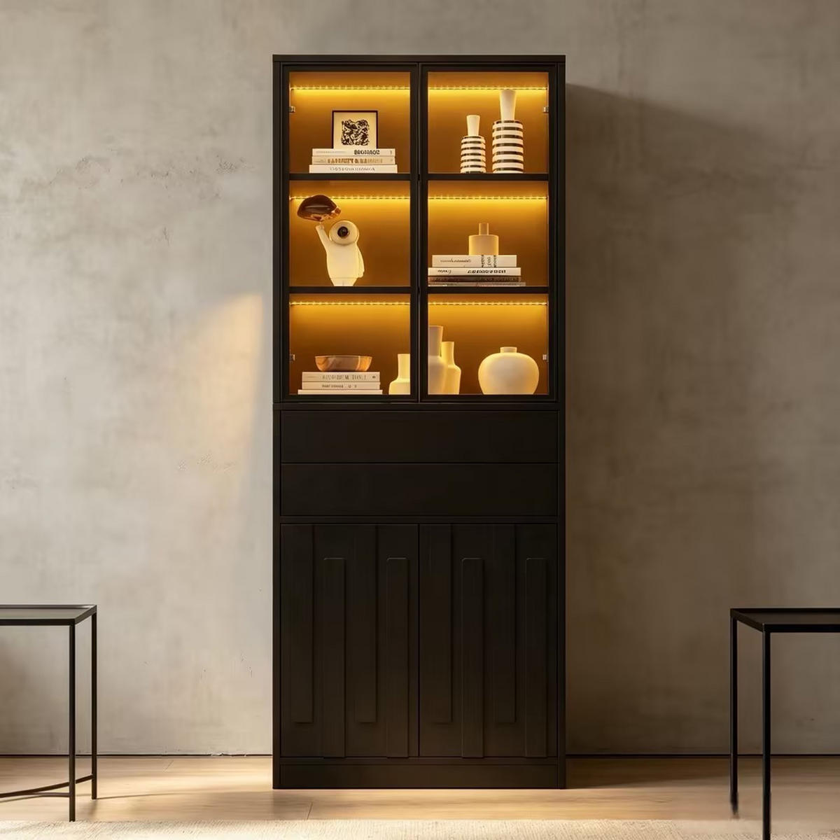 VITRINE 2er-Set 140x34x180 cm Schwarz LED Glastüren - Schwarz, Holzwerkstoff (140/180/34cm) - FLIEKS