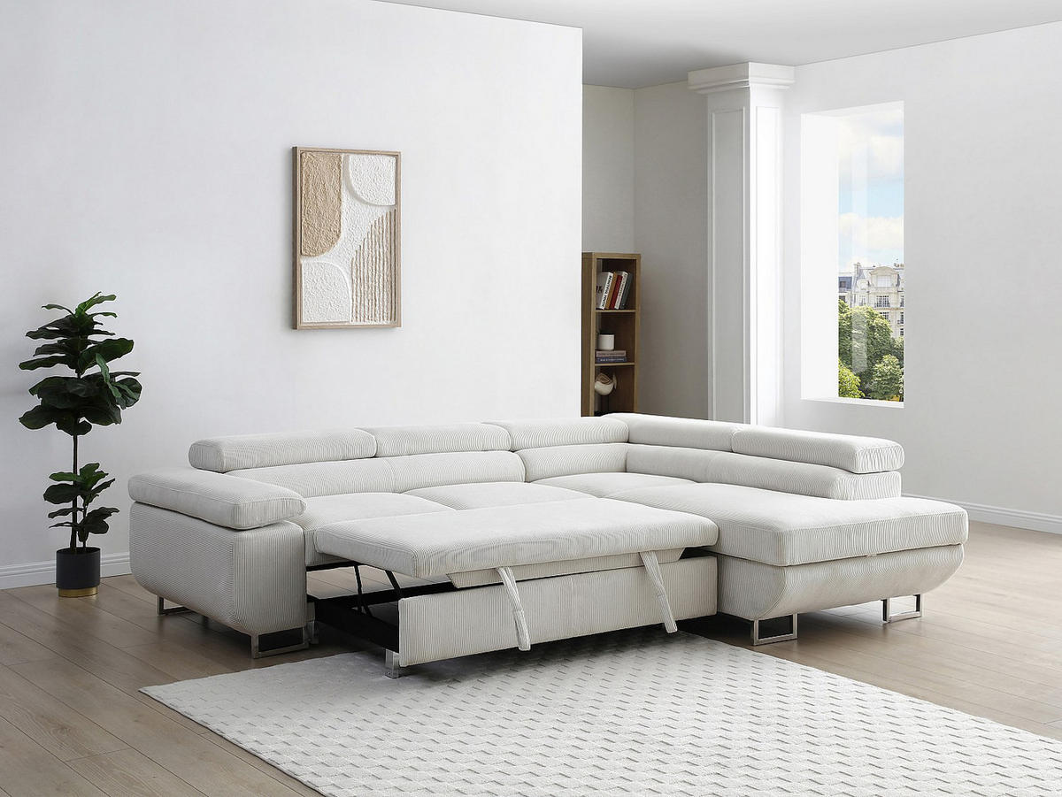 ECKSOFA mit Schlaffunktion - Ecke rechts - Cord - Beige - NURAZIO - Beige, Textil (268/202cm) - Vente-Unique
