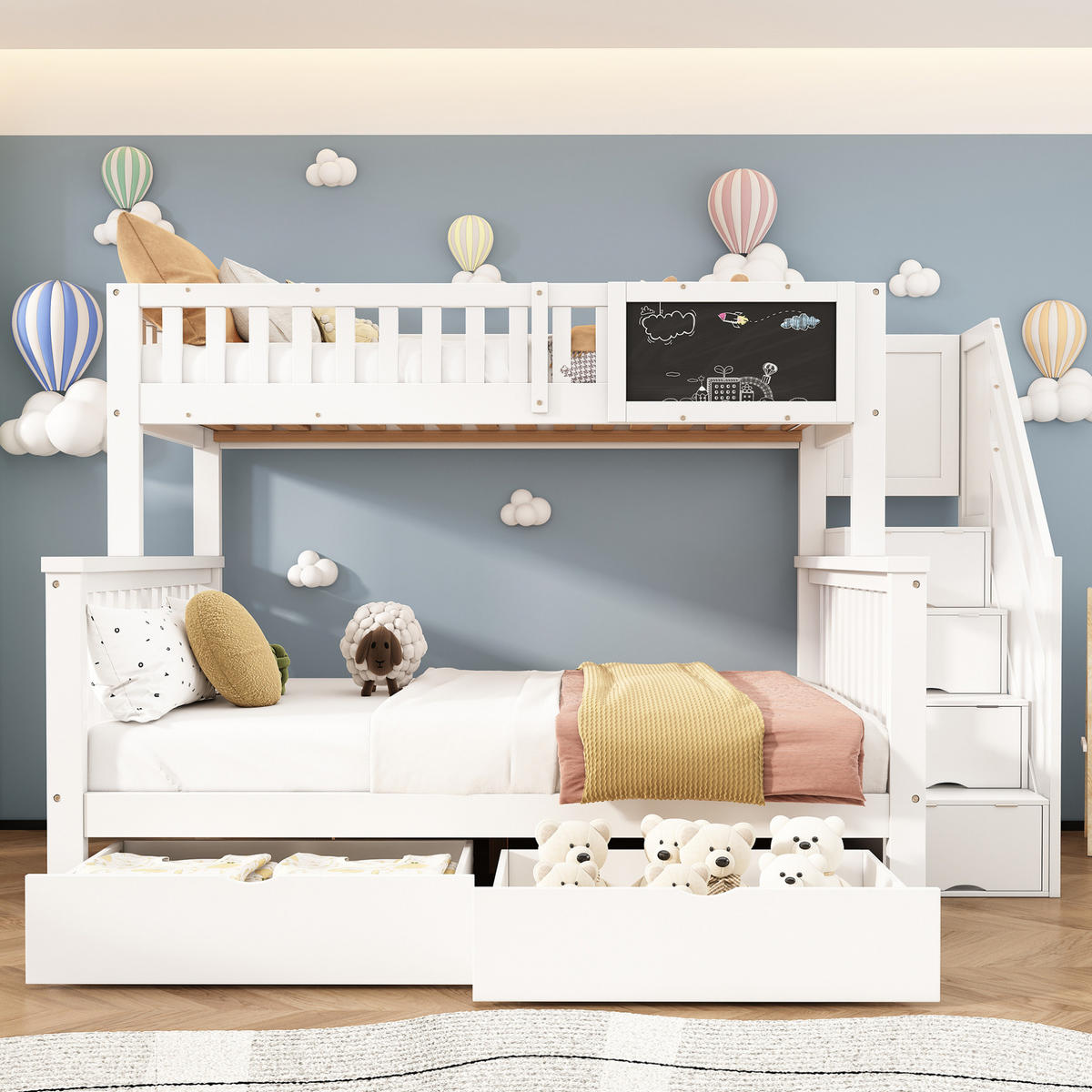 ETAGENBETT 90/200 + 140/200 cm mit Tafel, Stauraumtreppe und Schubladen aus Massivholz, Weiß - Weiß, Holz (90/200cm) - Redom