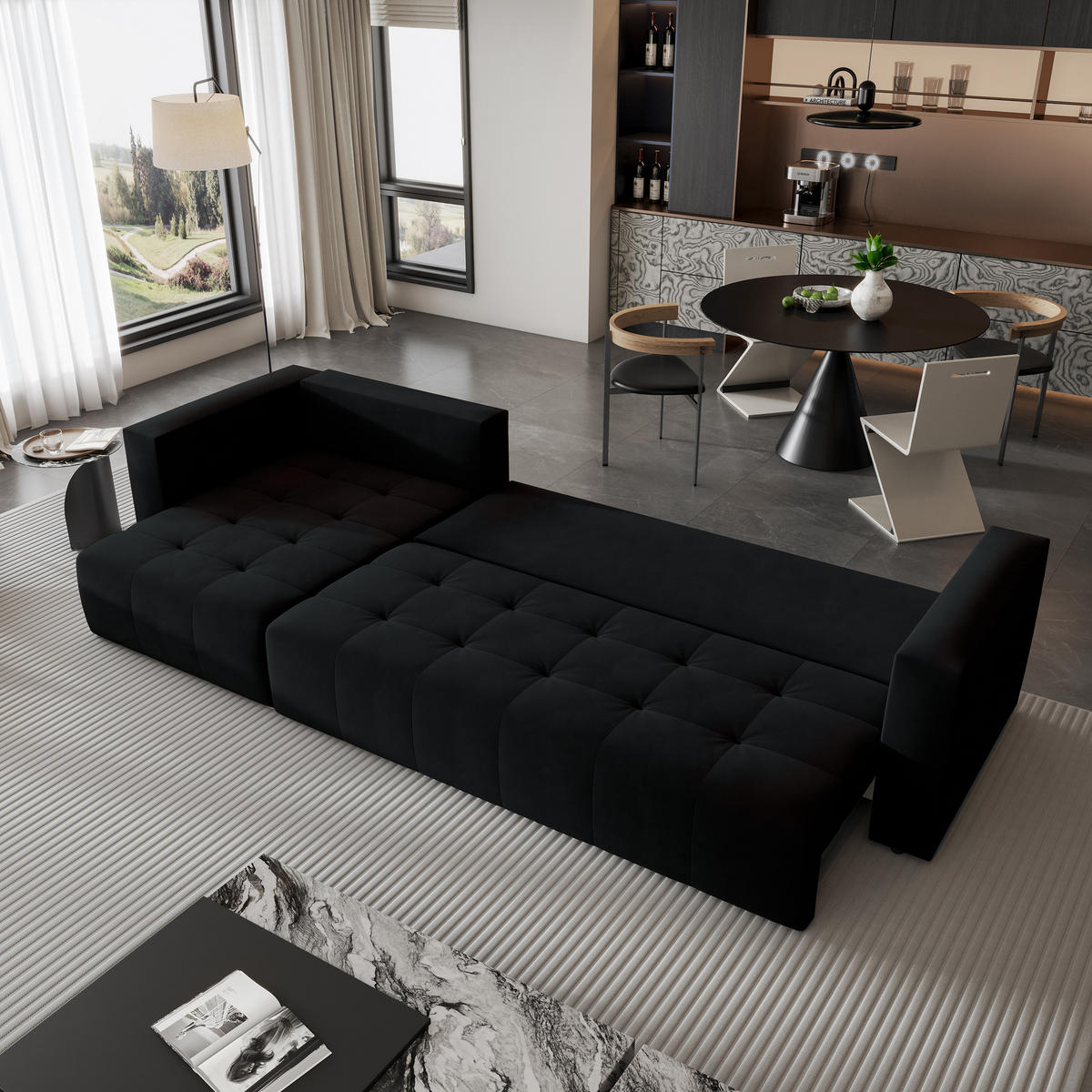 ECKSOFA OLVERA Schwarz Plüsch-Stoff mit Schlaffunktion - Schwarz, Holz (347/148cm) - MASSENO