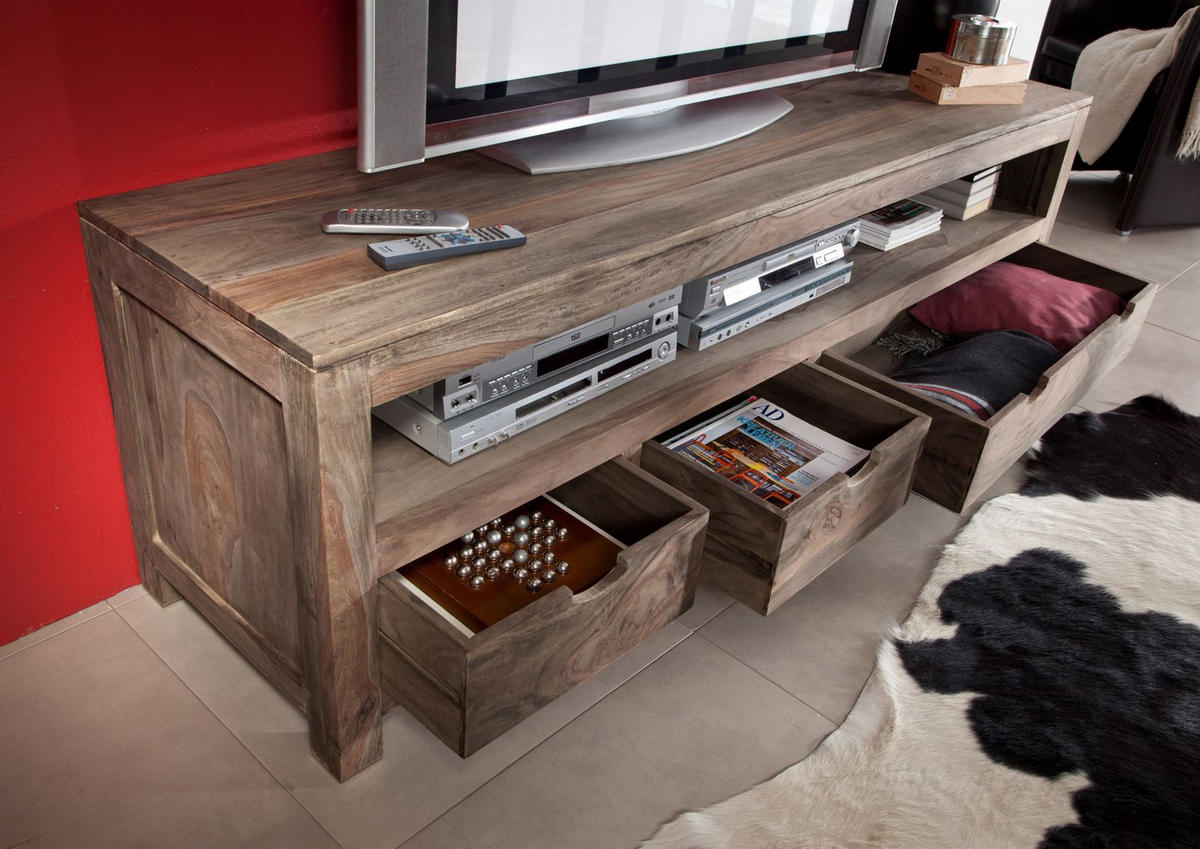 TV-BOARD Sheesham 190x50x60 grau geölt NATURE GREY #44 - Grau, Holz (190/60/50cm) - Massivmoebel24