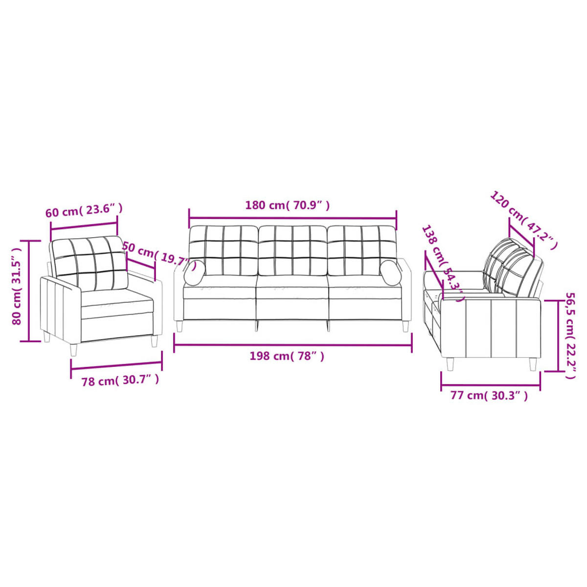 SOFAGARNITUR 3-TLG. Mit Kissen Weinrot Stoff - Rot, Textil (77/80/78cm) - vidaXL