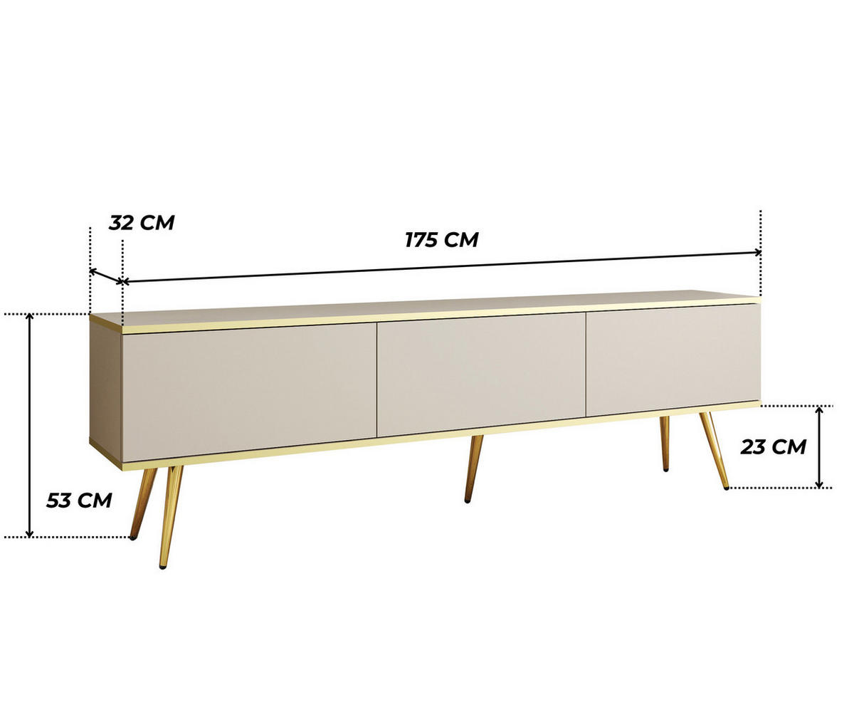 TV-LOWBOARD FORNO (Beige, Goldene Details, 3 Türen, goldene Metallfüße, 175 cm) - Gelb/Beige, Holz/Holzwerkstoff (175/53/32cm) - Ravio