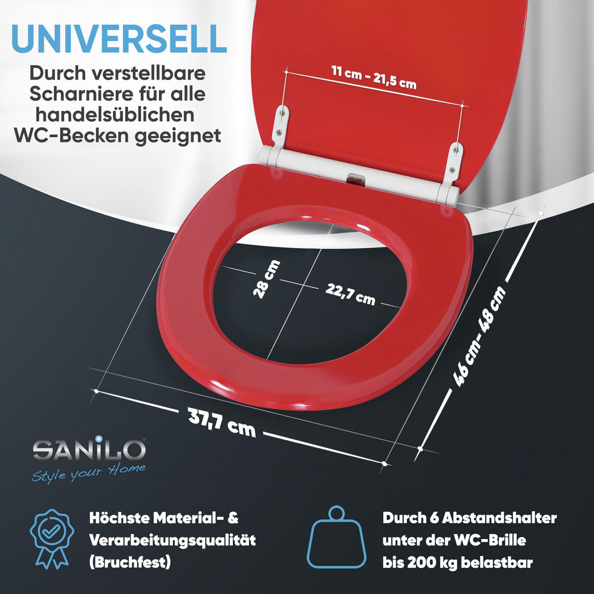 WC-SITZ mit Absenkautomatik & Top Fix Rot - Rot, Holzwerkstoff (37.7/5.5/48cm) - Sanilo