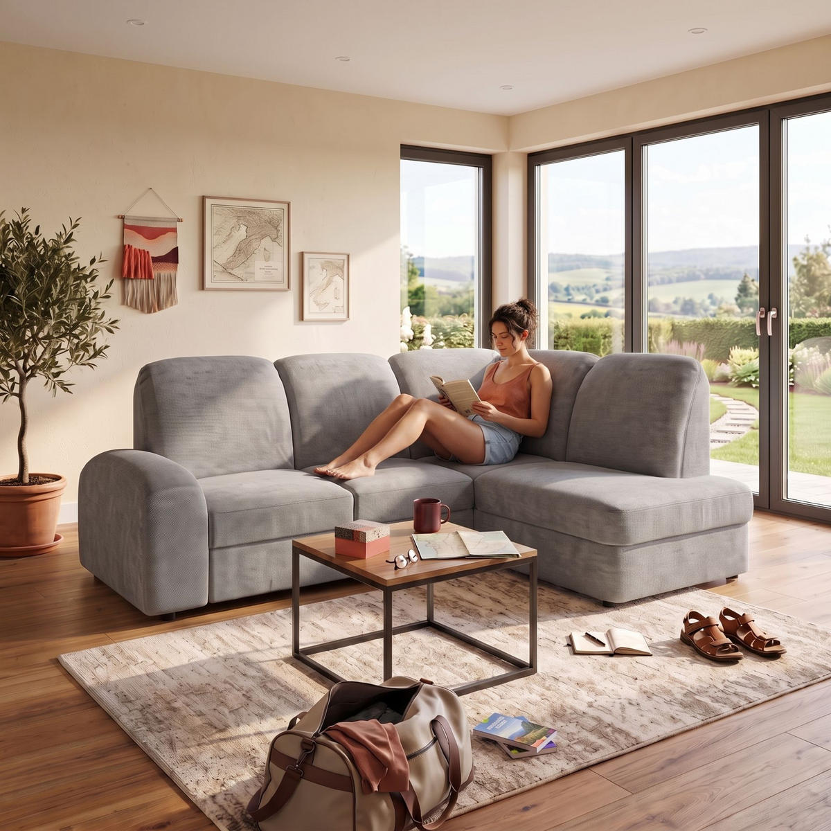 ECKSOFA VIBE L Rechts mit Schlaffunktion 129x205 Chenille Grau - Schwarz/Grau, Holz/Kunststoff (250/186cm) - Muffo
